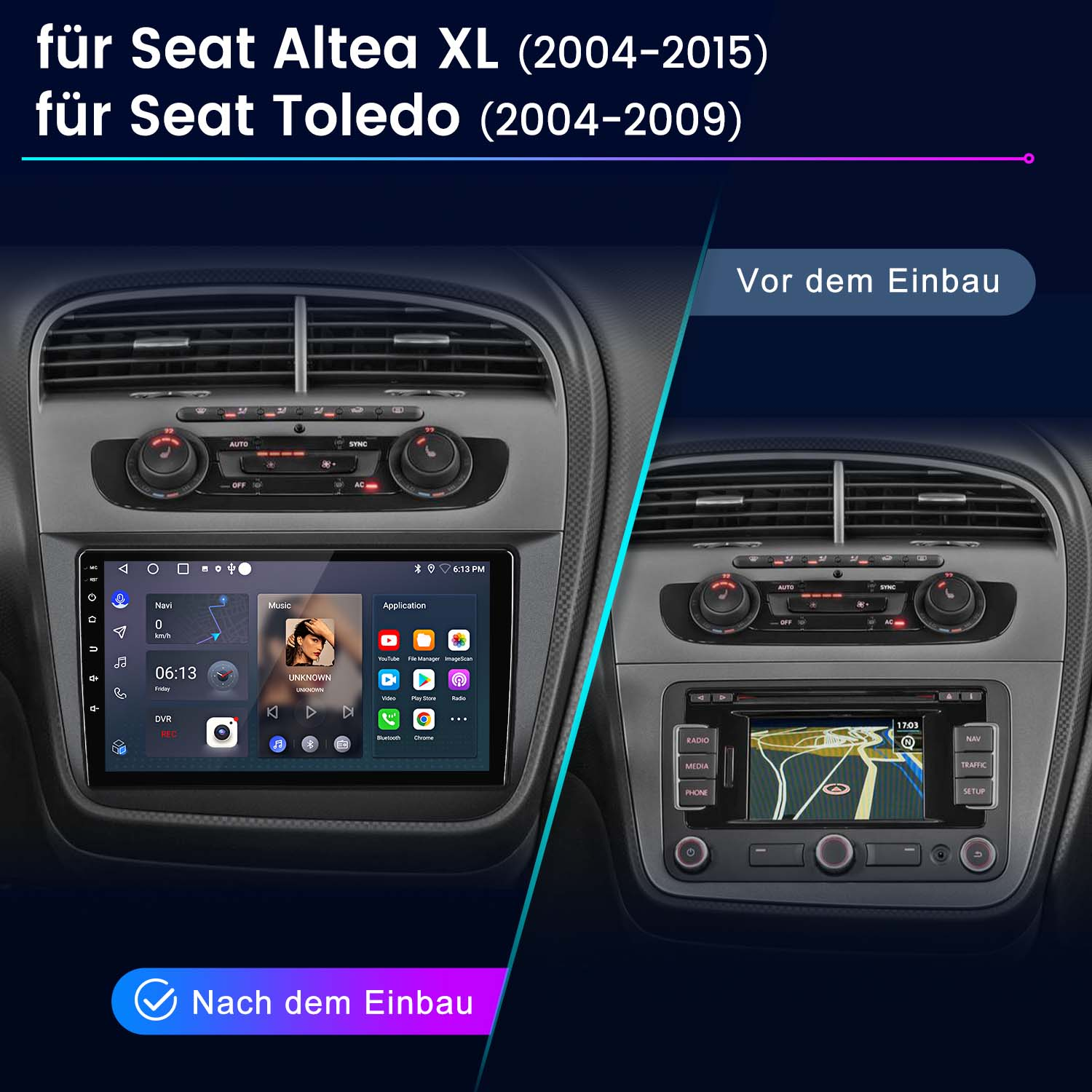 Das Bild zeigt das Armaturenbrett eines Autos vor und nach einem System-Upgrade. Das neue System hat einen großen Bildschirm.