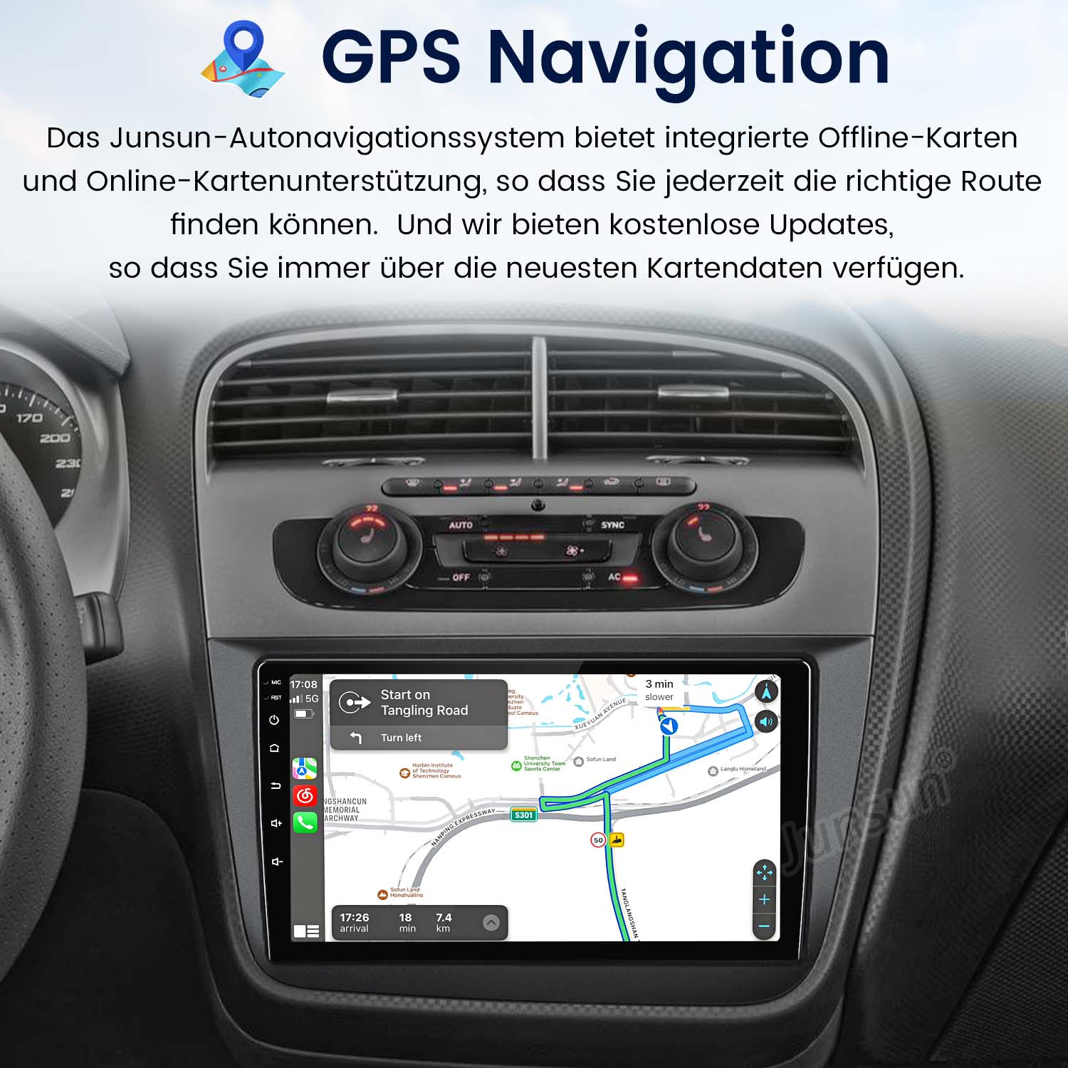 Armaturenbrett mit GPS-Navigationsbildschirm, der eine Route auf einer digitalen Karte zeigt.