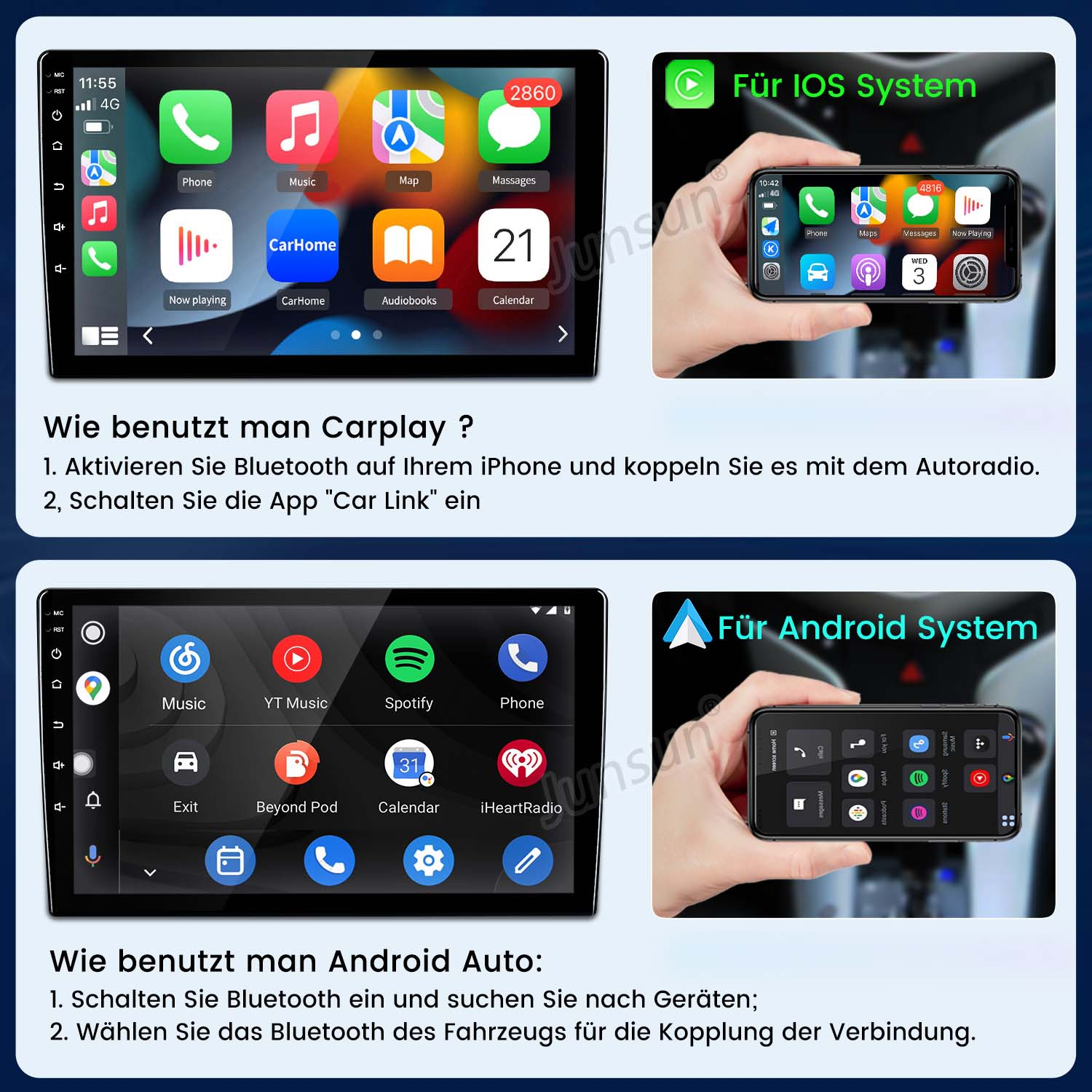 Screenshots einer Car-Multimedia-System-Oberfläche. Verschiedene Oberflächen für iOS- und Android-Systeme werden gezeigt.