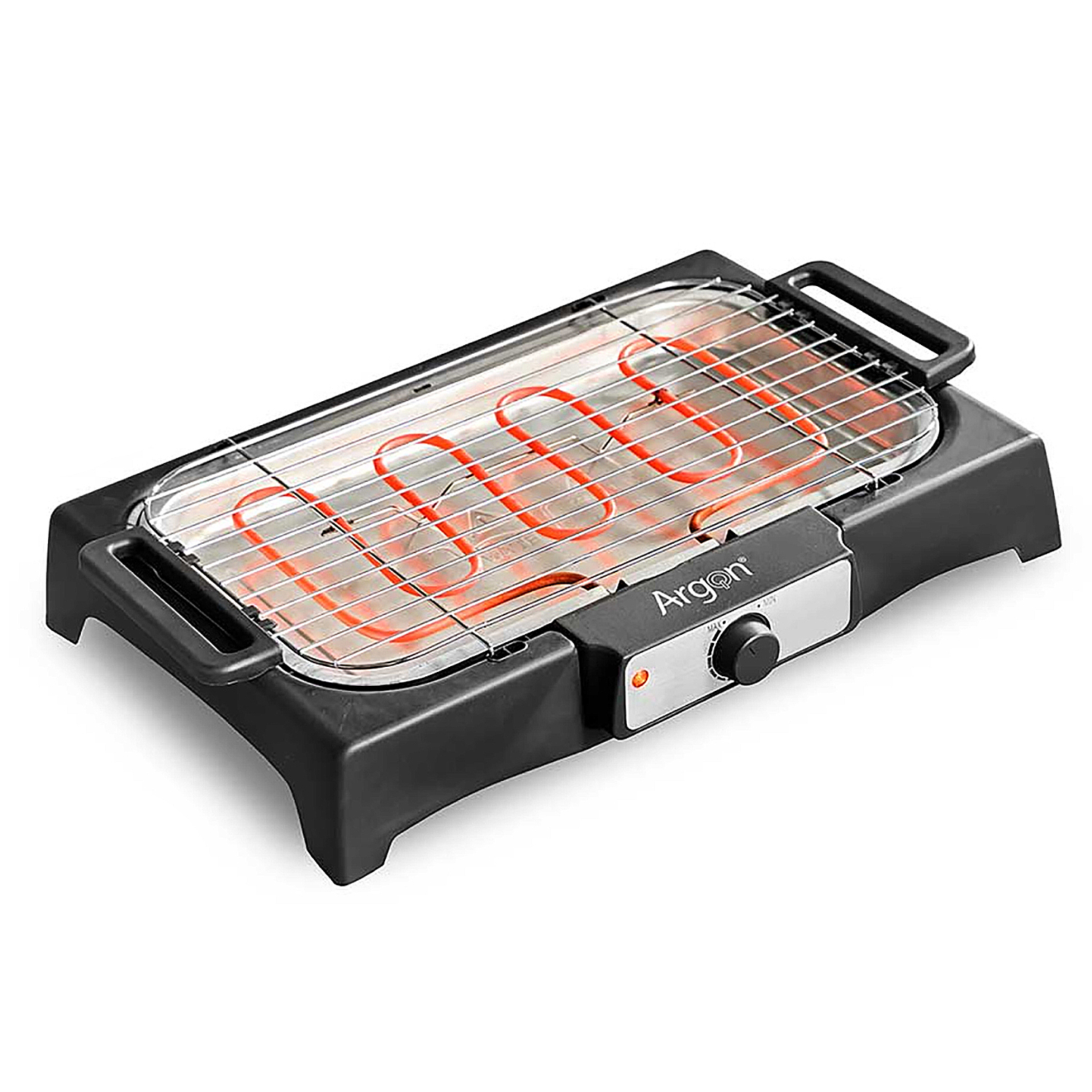 Schwarzer Elektrogrill mit roten Heizelementen und einem schwarzen Griff. Die Oberfläche ist weiß.