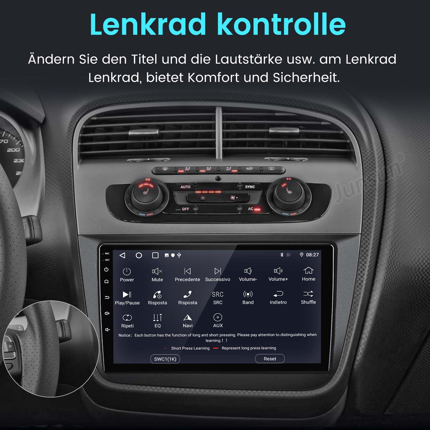 Autoradio mit Bildschirm. Zeigt Knöpfe und Bedienelemente. Armaturenbrett im Hintergrund.