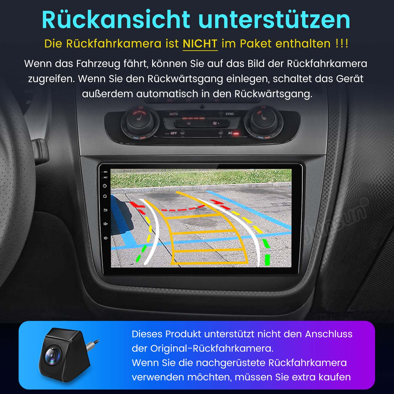 Armaturenbrett eines Autos mit Bildschirm, der die Rückfahrkamera anzeigt. Text: Rückansicht unterstützen.