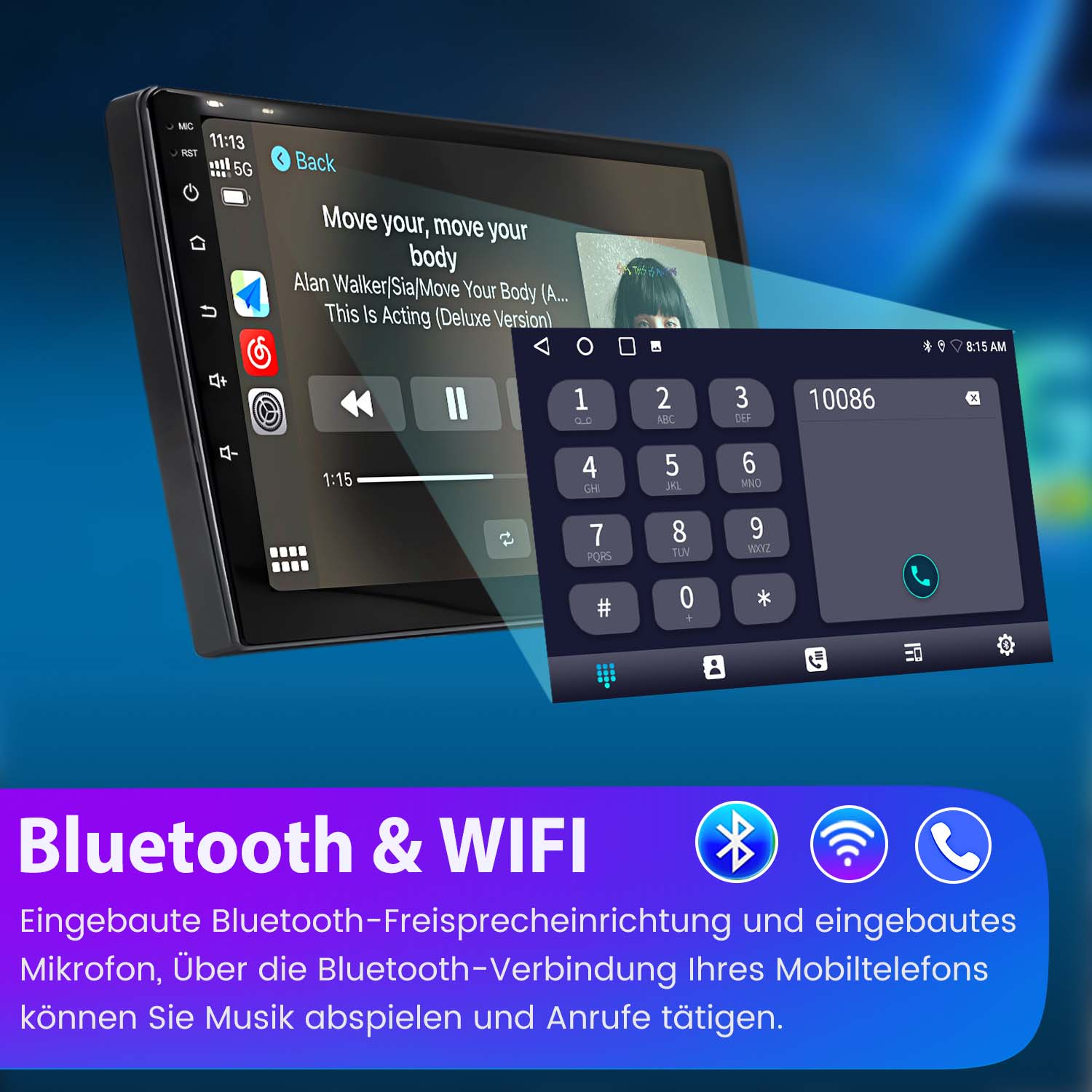 Ein Autoradiosystem, das Musik abspielt, mit einer Telefonwahl im Display. Der Hintergrund ist blau.