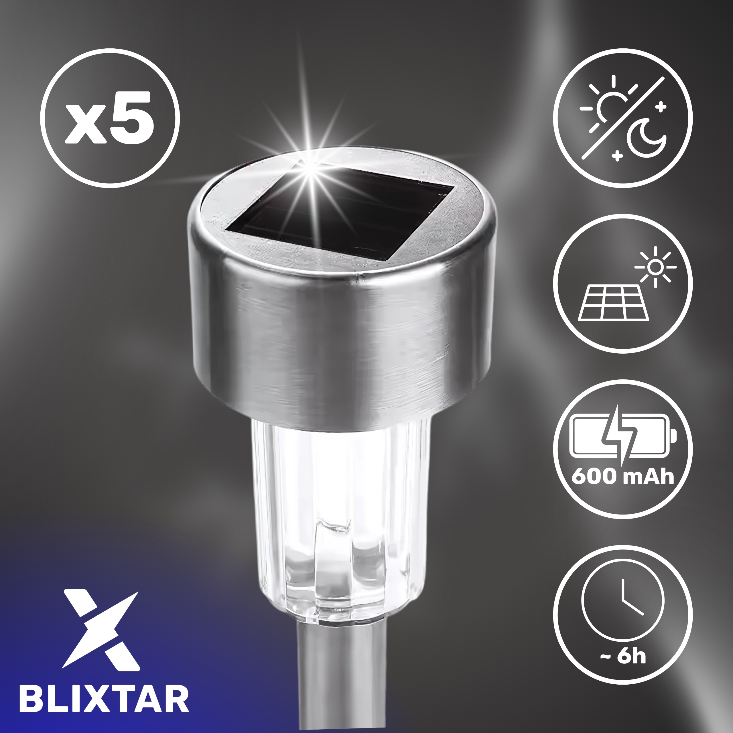 Słoneczna lampa ogrodowa ze srebrnym trzonem i czarnym panelem słonecznym. Pokazano tekst i ikony.