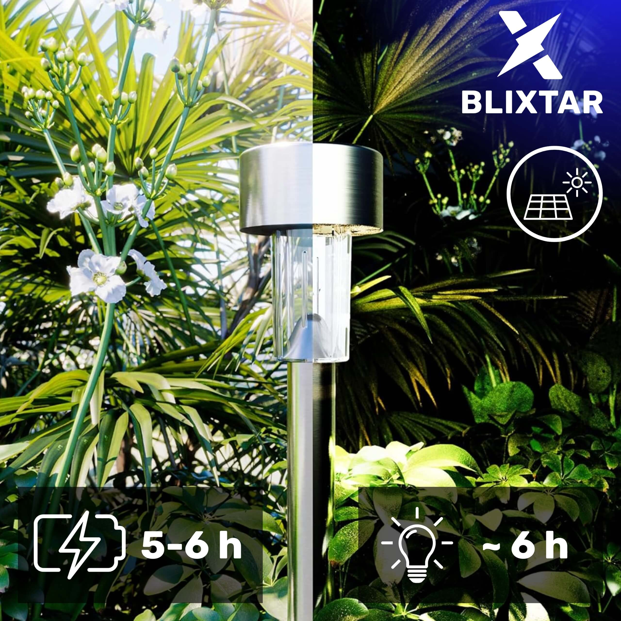 Słoneczna lampa ogrodowa. Stal nierdzewna, cylindryczna konstrukcja. Zielone rośliny w tle, efekty światła słonecznego.