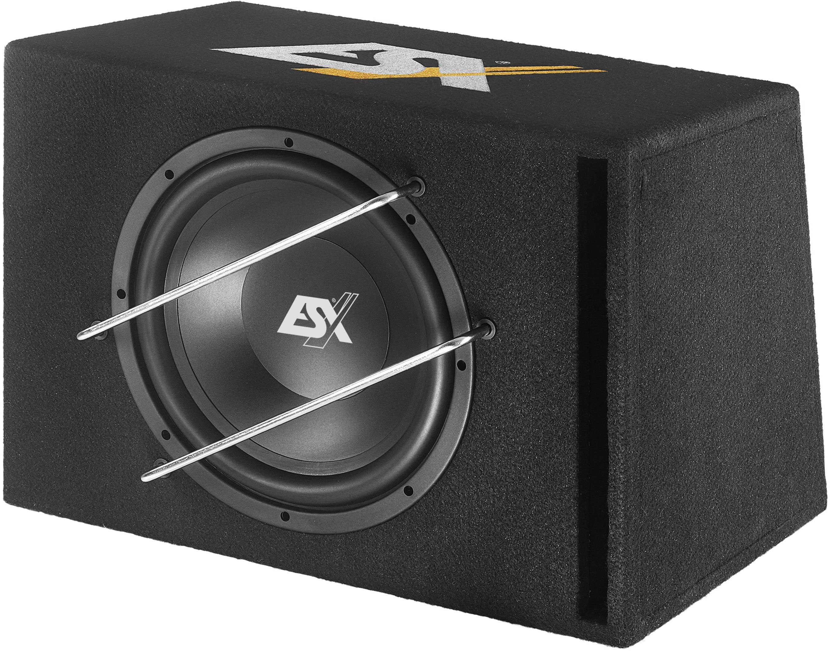 Schwarze Subwoofer-Lautsprecherbox mit Metallstäben zum Schutz des Lautsprechers.