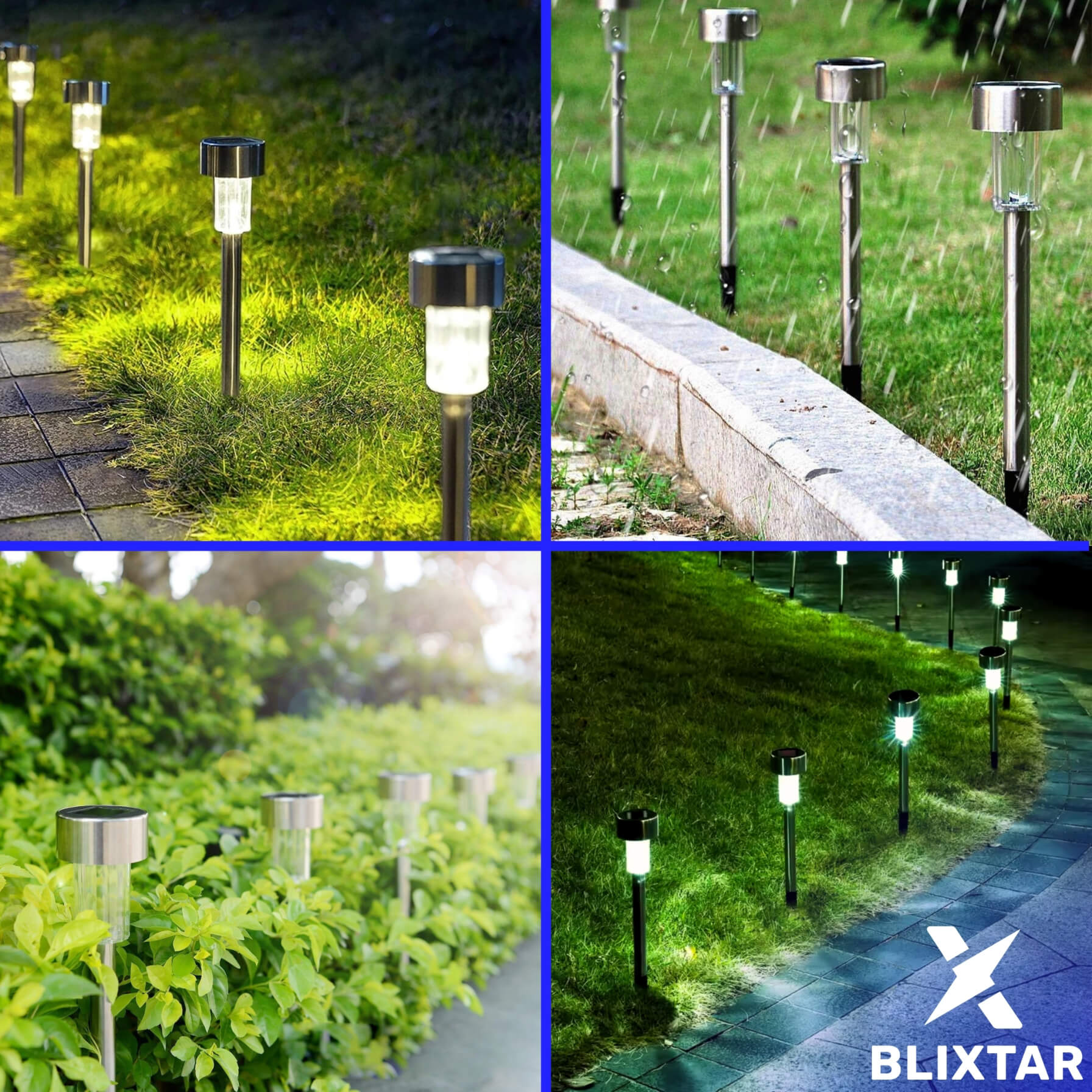 Wiele solarnych lamp ogrodowych w trawie i wzdłuż ścieżki.