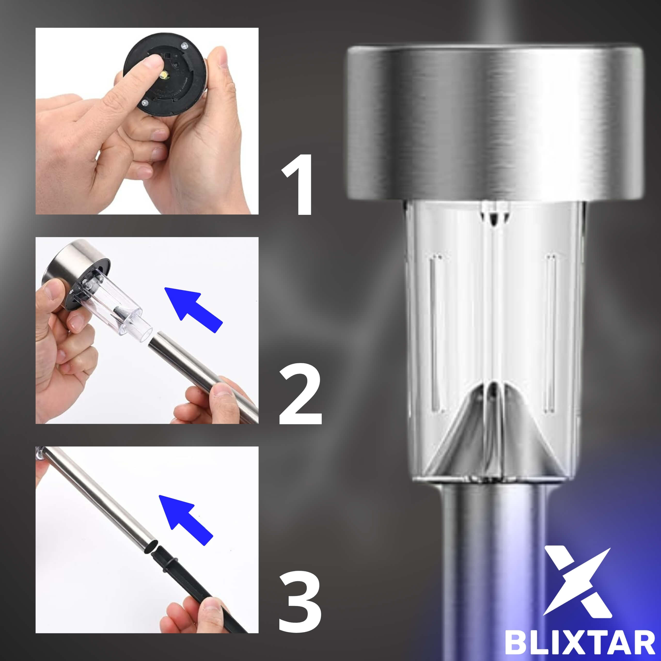 Instrukcja montażu słonecznej lampy ogrodowej. Pokazuje ręce montujące światło w ponumerowanych krokach i logo.