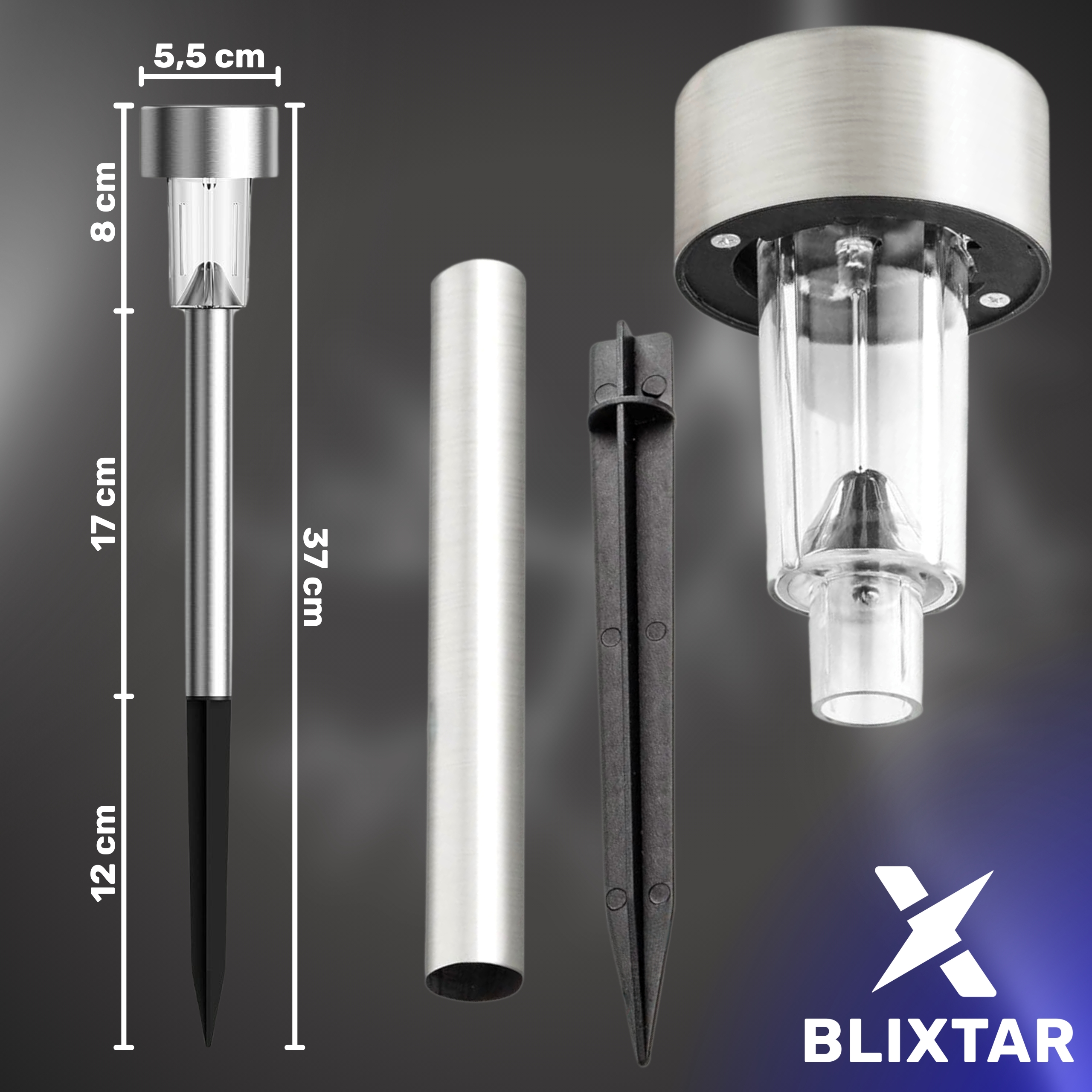 Solarna lampa ogrodowa. Zawiera głowicę lampy, słupek, szpikulec do ziemi i wymiary lampy solarnej.