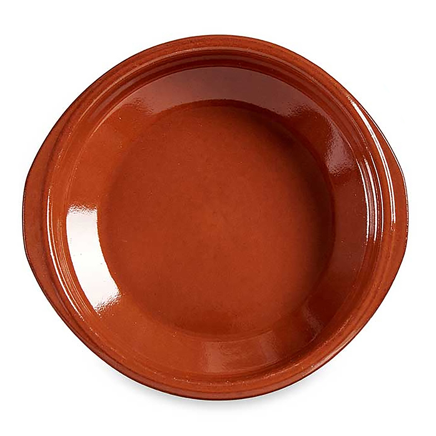 Una ciotola rotonda in ceramica color terracotta, con una forma leggermente quadrata.