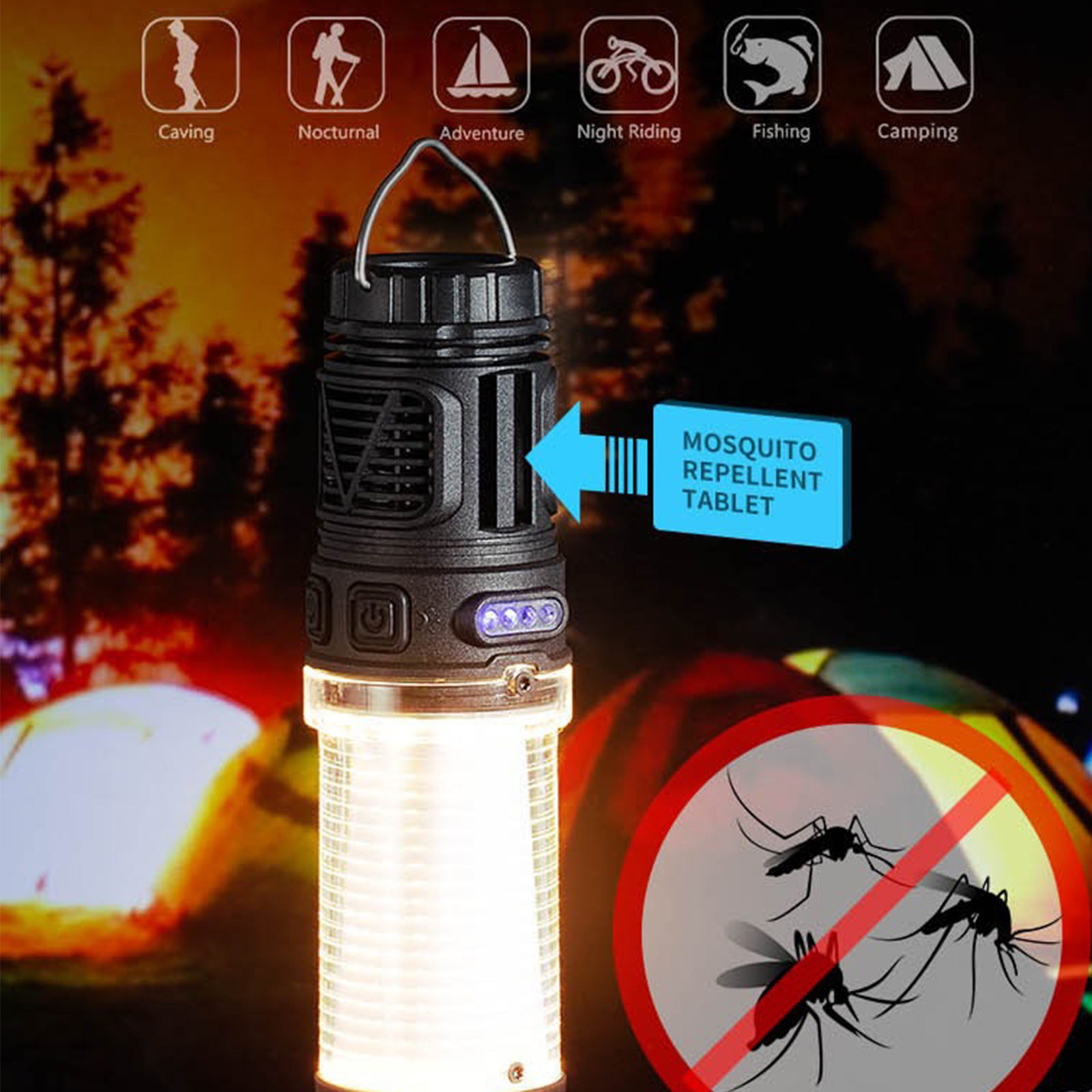 Schwarze und silberne Campinglaterne mit Mückenschutzfunktion. Etiketten zeigen Aktivitäten: Höhlen, Camping, Angeln.