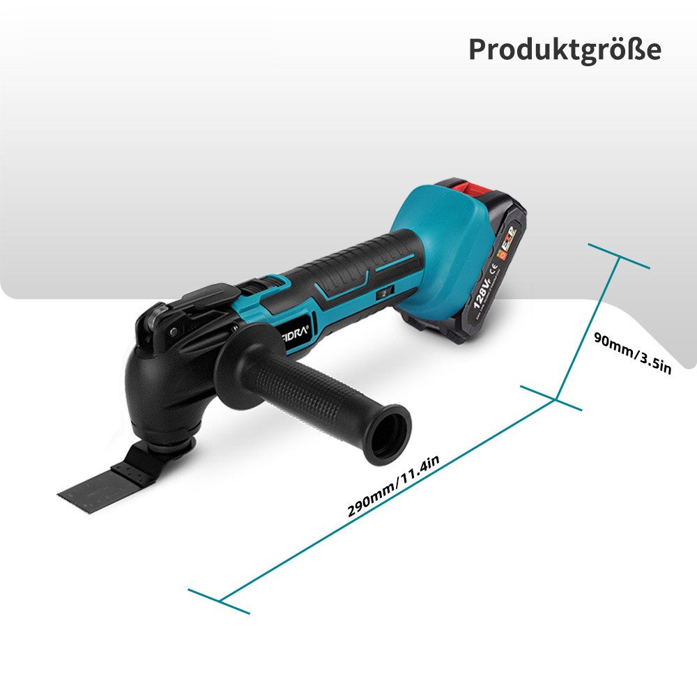 Una multiherramienta azul y negra con batería y una cuchilla, con indicadores de dimensiones.