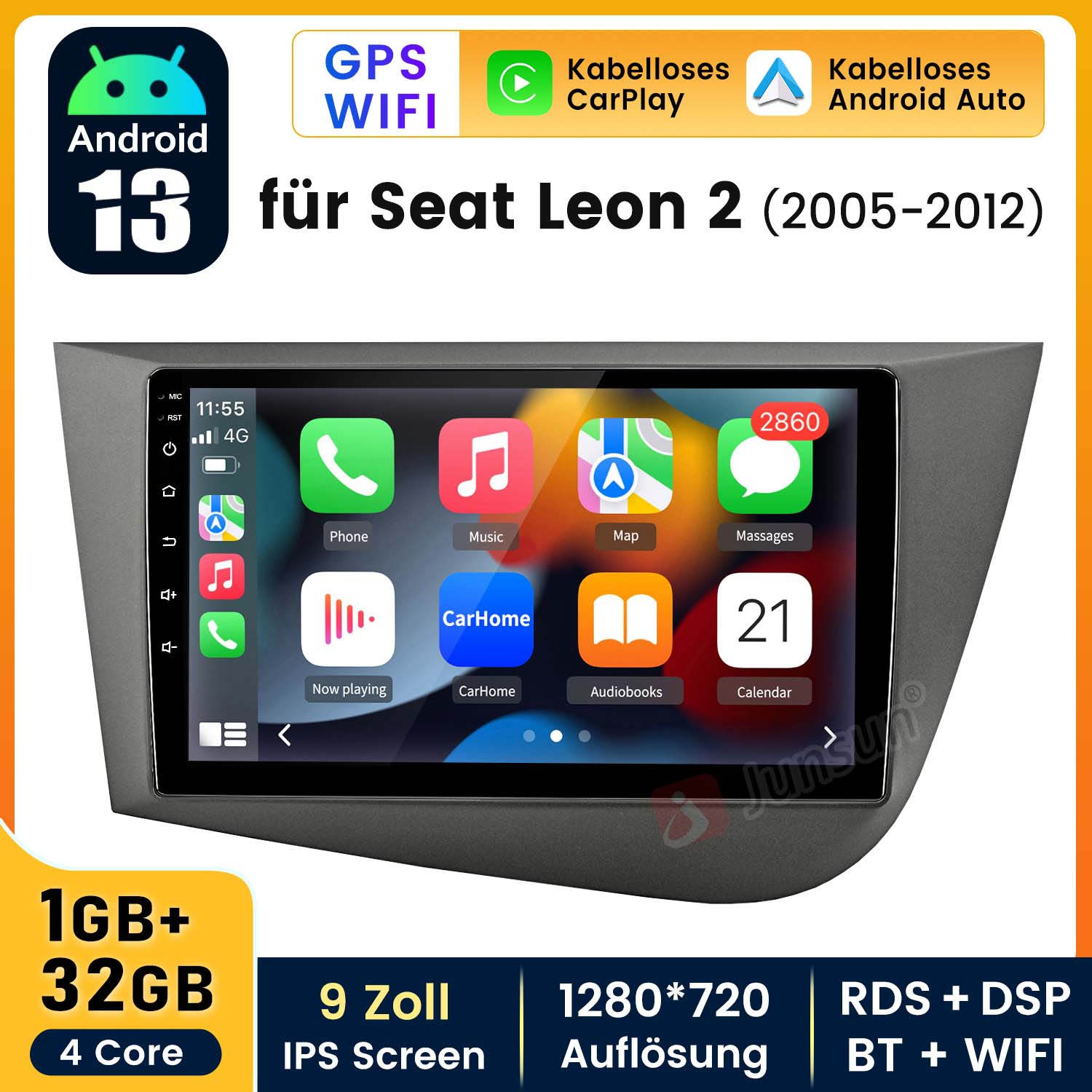 Ein Autoradio mit Bildschirm, der App-Symbole, eine Karte und die Uhrzeit zeigt. Es zeigt '1GB+32GB'. Knöpfe werden gezeigt.