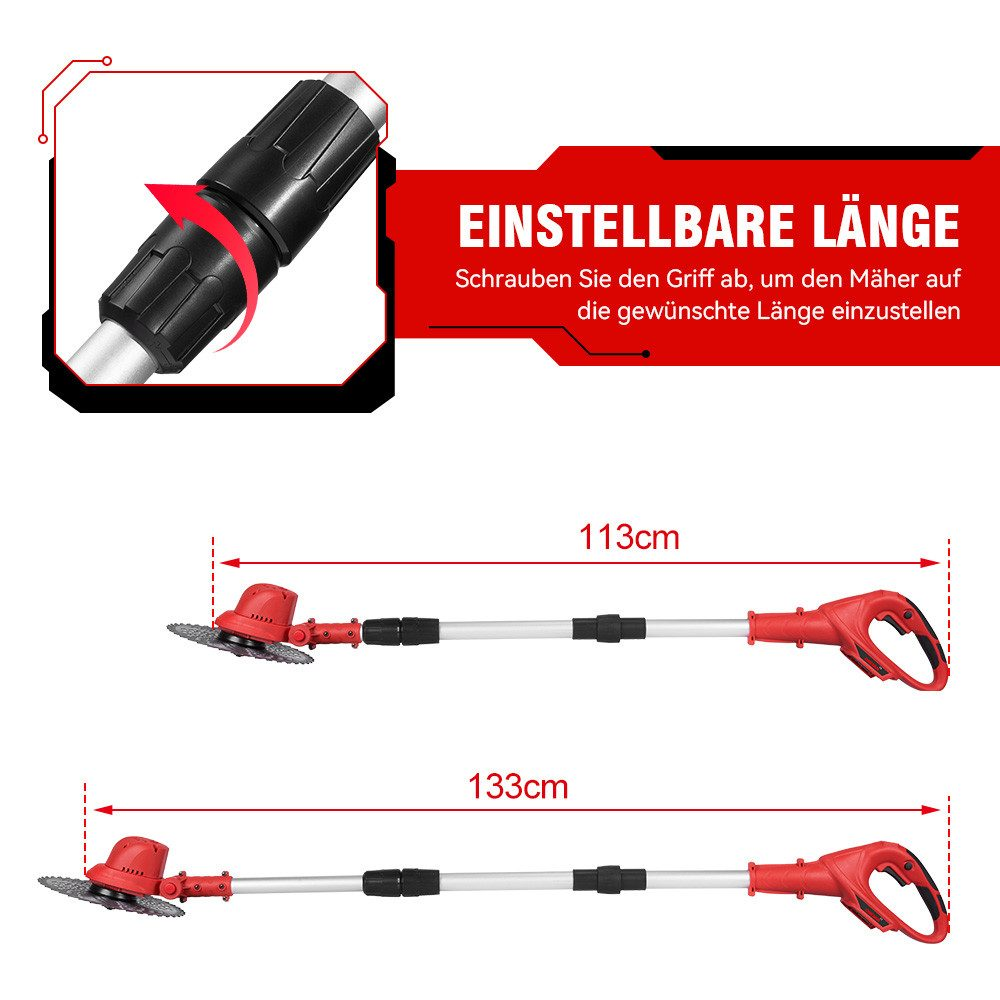 Ein verstellbarer elektrischer Trimmer mit Längenmaßen von 113 cm und 133 cm, mit roten Akzenten.