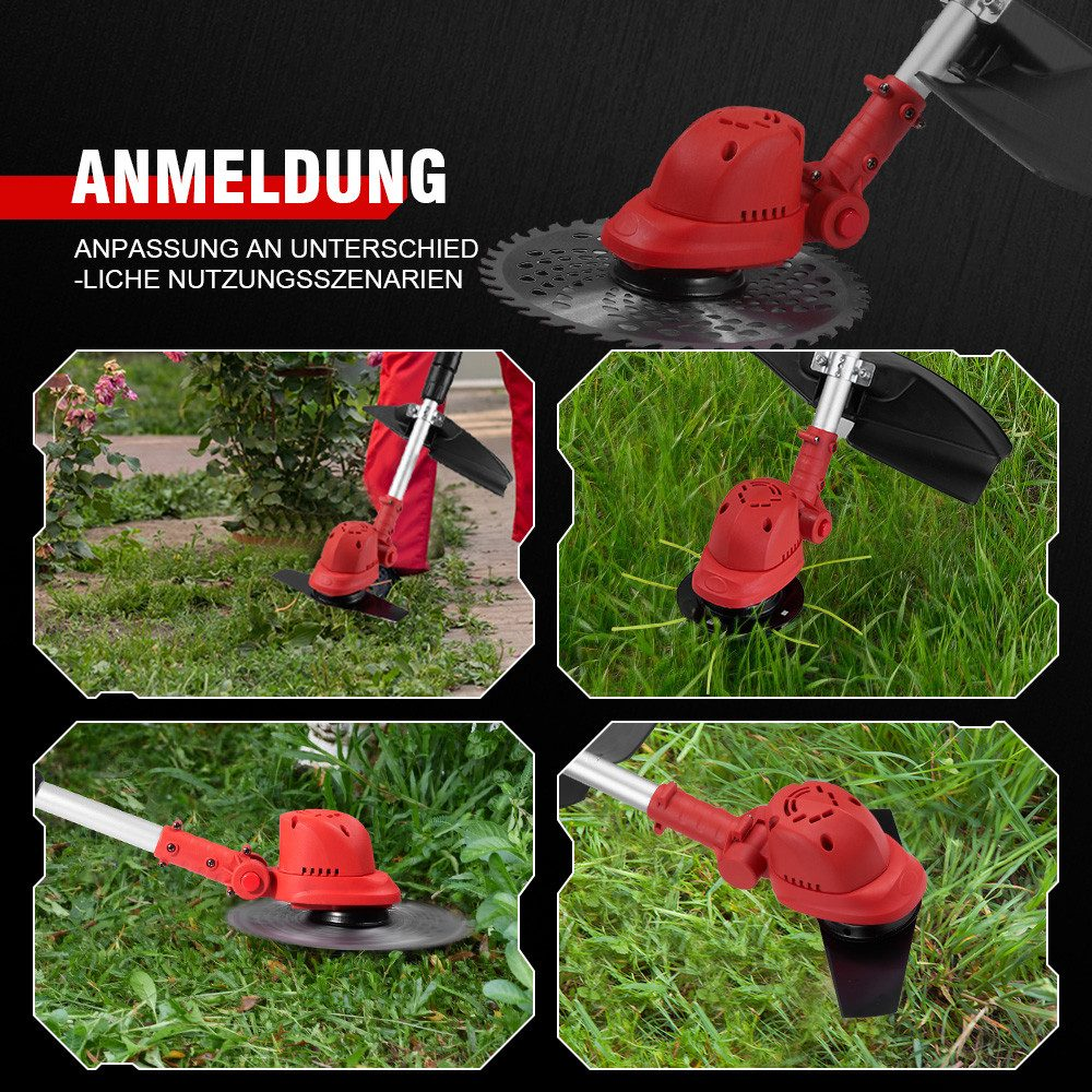 Ein rotes und silbernes Rasenwerkzeug schneidet Gras. Das Wort „ANMELDUNG“ ist sichtbar.