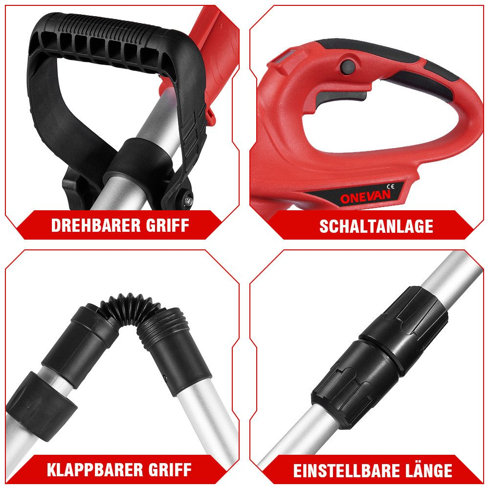 Vier Nahaufnahmen eines Gartengeräts. Zeigt Griff, Schalter, Klappgriff und einstellbare Länge.