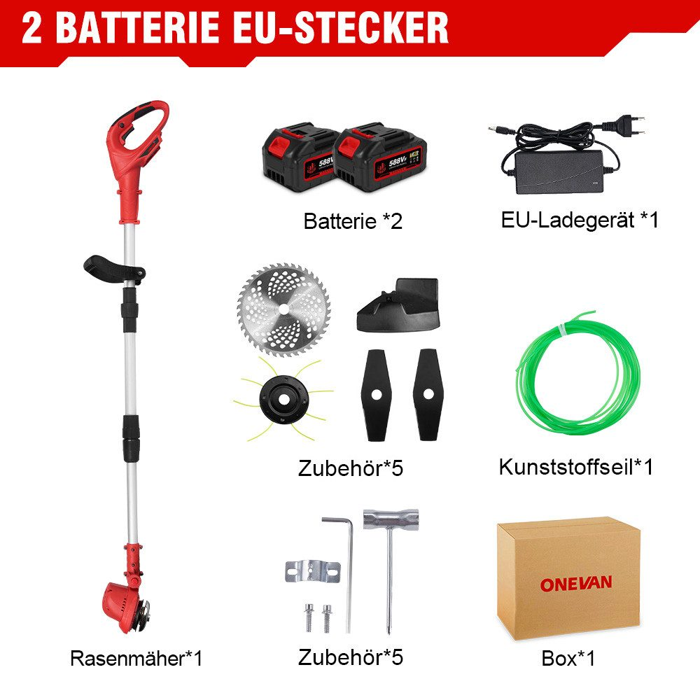 Eine Auswahl an Gartengeräten: Rasenmäher, Batterien, Ladegerät und Zubehör.