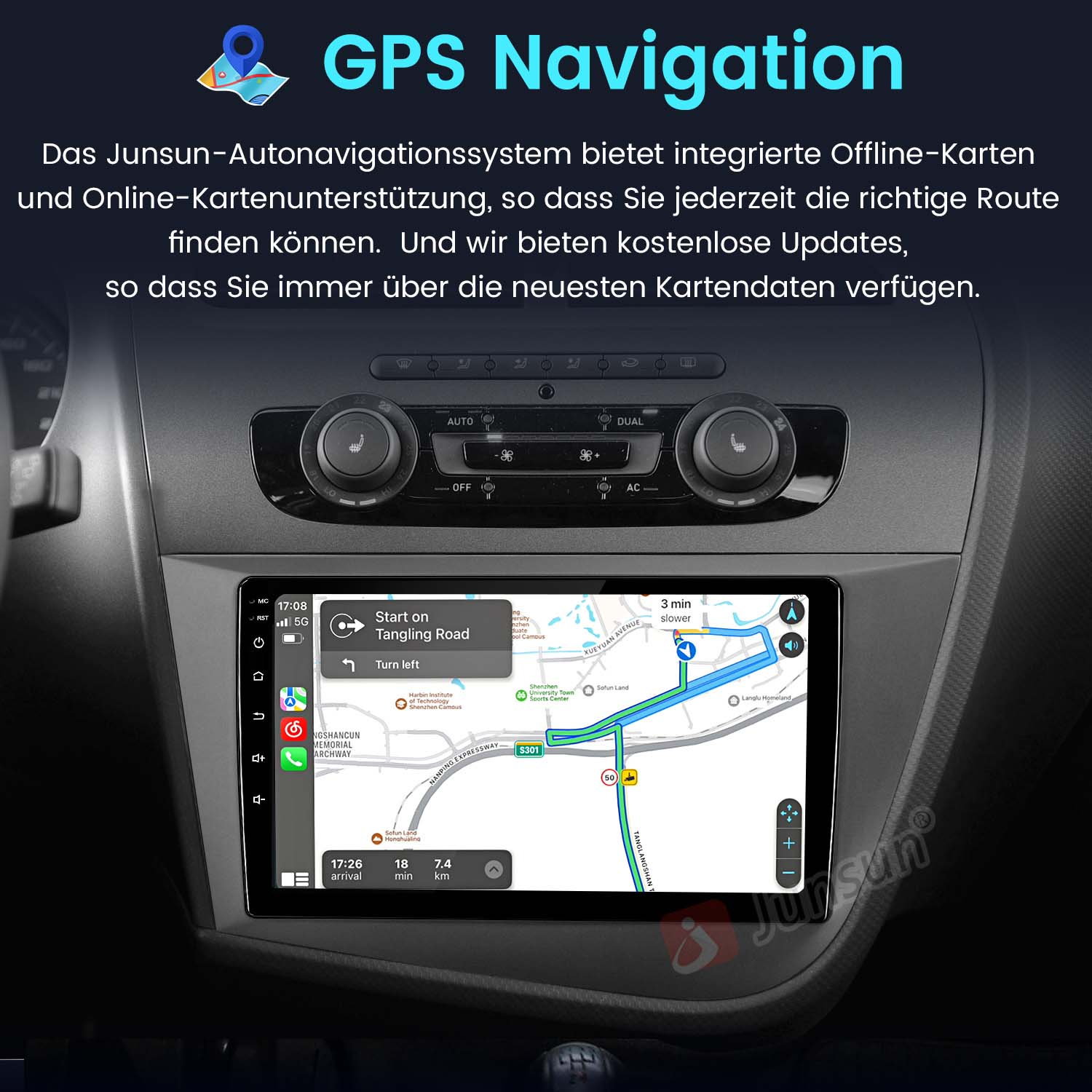Autonavigationssystem-Bildschirm mit Karte und Bedienelementen, Text auf Deutsch.
