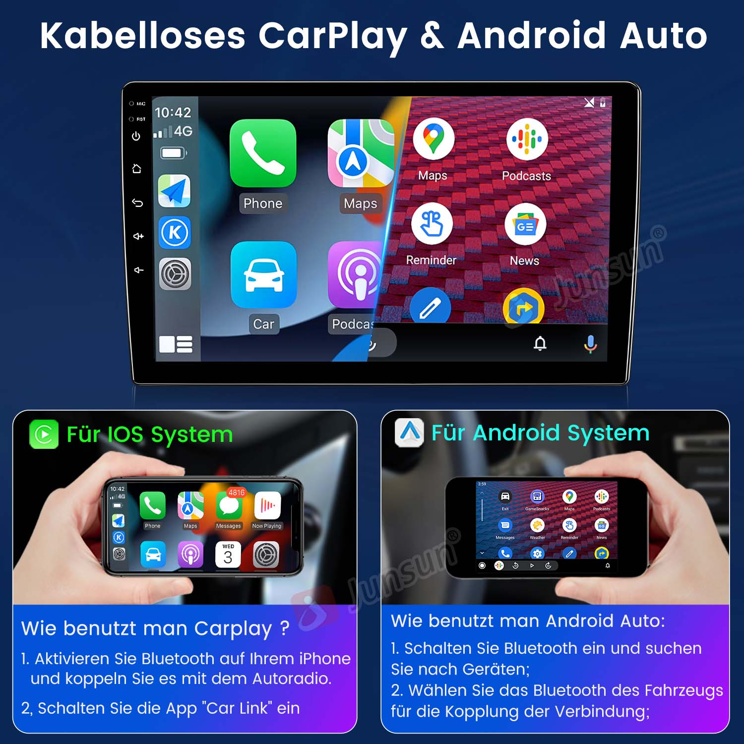 Auto-Multimedia-System mit Bildschirm, der Karten und Apps zeigt. Beispiele für iPhone- und Android-Carplay-Setups.