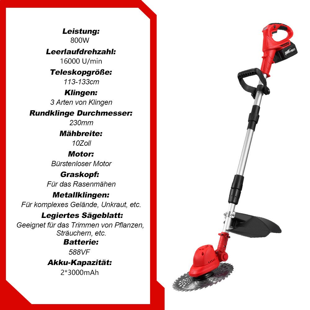 Roter und schwarzer elektrischer Rasentrimmer mit Produktspezifikationen.