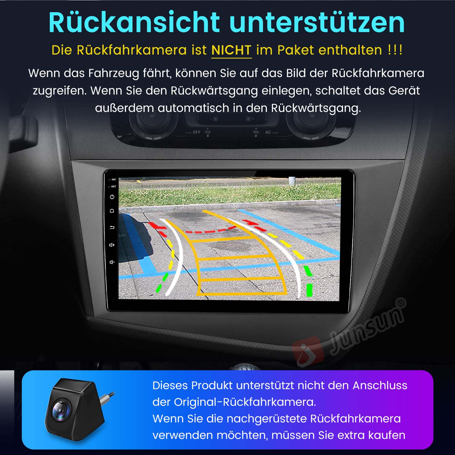 Bildschirm des Car-Infotainment-Systems mit einer Grafik der Parkansicht.