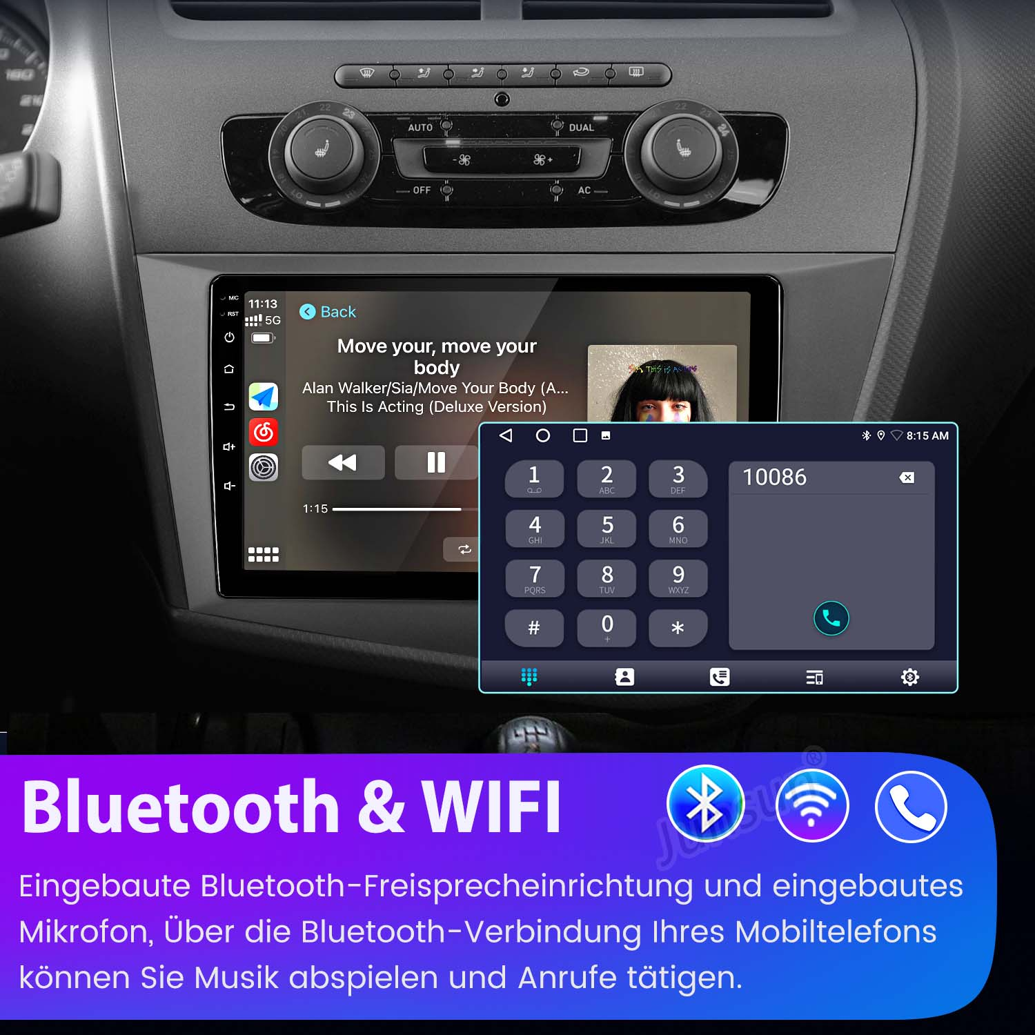 Armaturenbrett des Autos mit einem Bildschirm, der eine Telefonoberfläche und Musikplayer-Bedienelemente anzeigt.