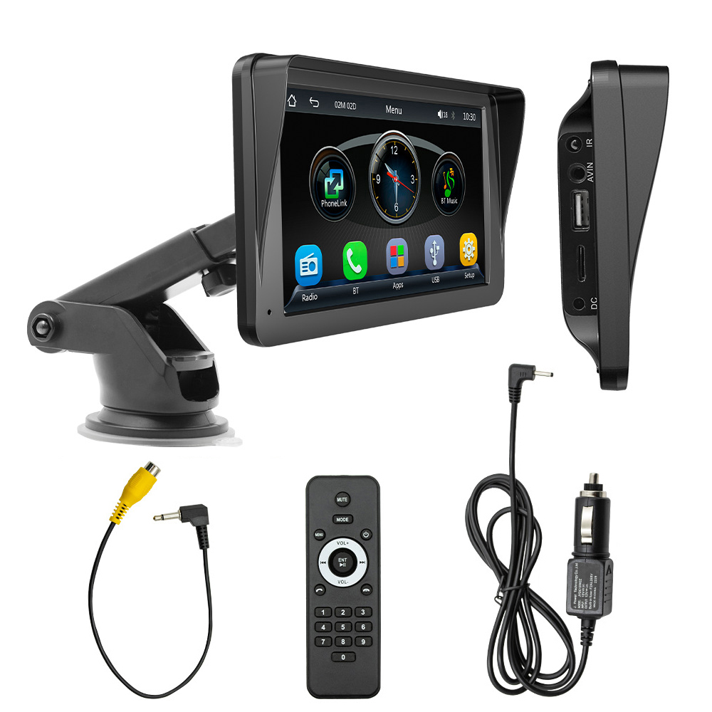 Auto-Monitor mit Kabeln und Fernbedienung. Er ist auf einem Ständer montiert, mit verschiedenen Eingängen.