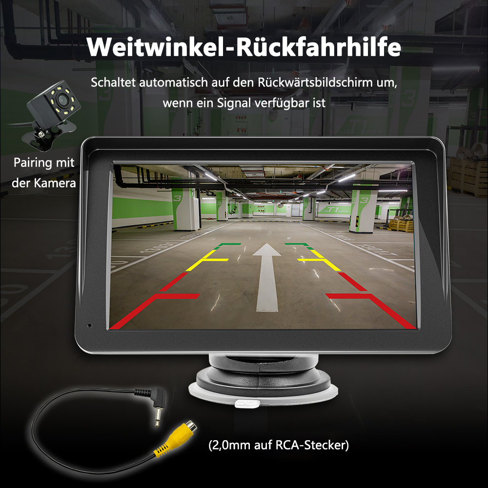 Rückfahrkamerasystem mit Bildschirm, der Parklinien zeigt, und Kamera oben.