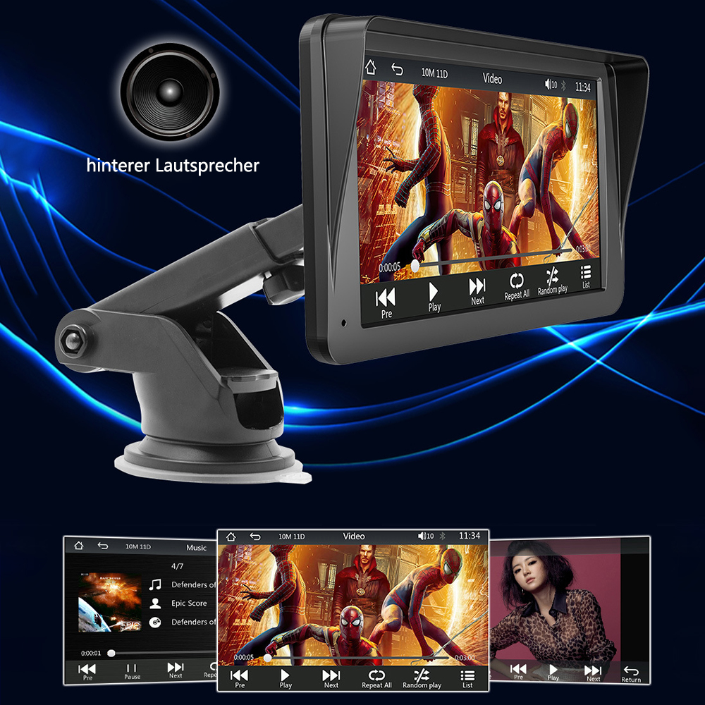 Auto-Bildschirm mit Video, mehreren Bildschirmen und Lautsprecher-Symbol, blauer HG.