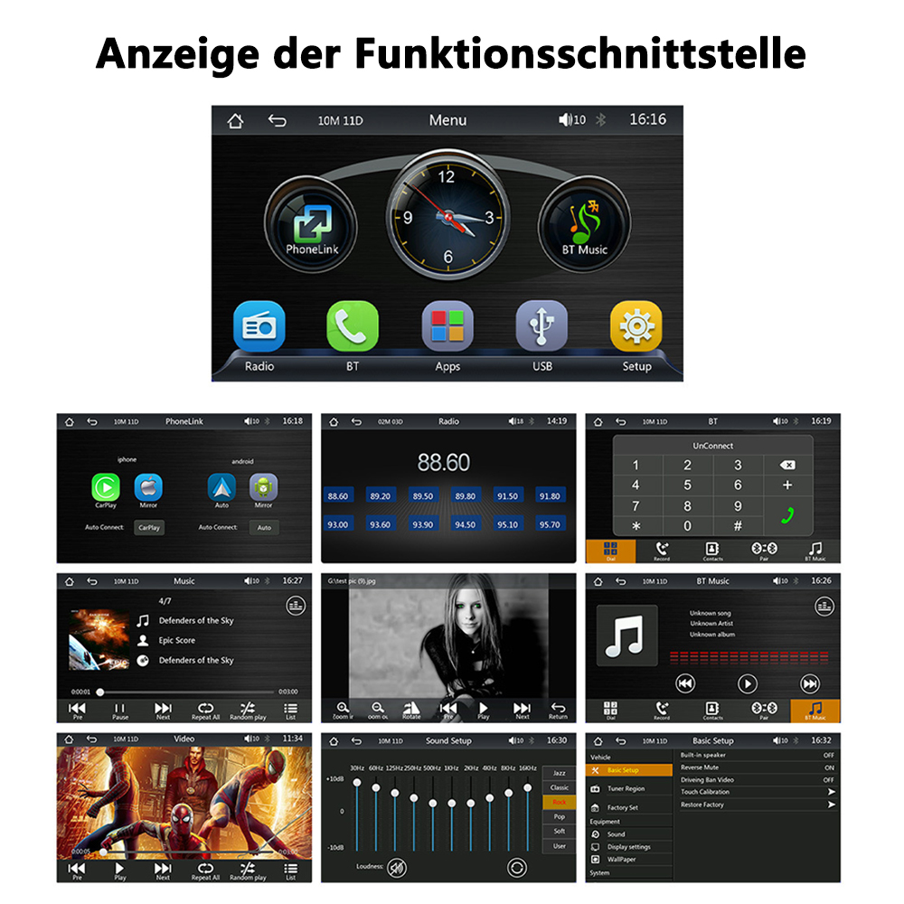 Eine Armaturenbrettanzeige mit verschiedenen Symbolen und einer Uhr, mit mehreren Bildschirmen.