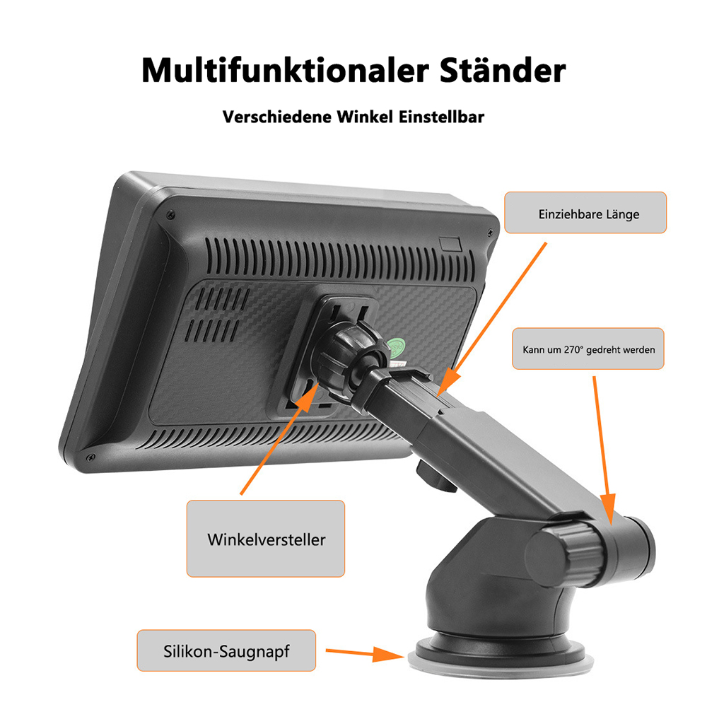 Ein Ständer mit einem Bildschirm, einstellbaren Winkeln und einem Saugnapf-Sockel. Textkennzeichnungen beschreiben Funktionen.