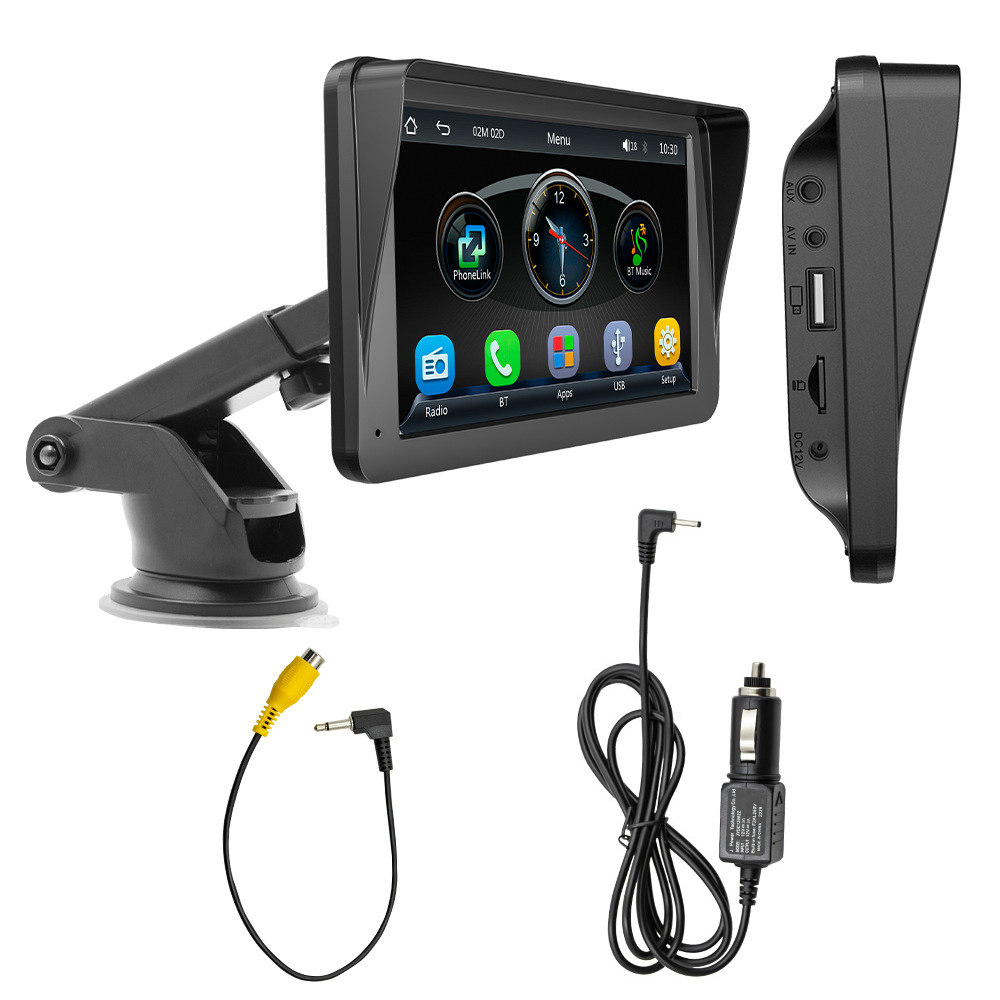 Auto-Monitor mit mehreren Komponenten. Enthält den Monitor, die Saugnapfhalterung, Kabel und Anschlüsse für verschiedene Verbindungen.
