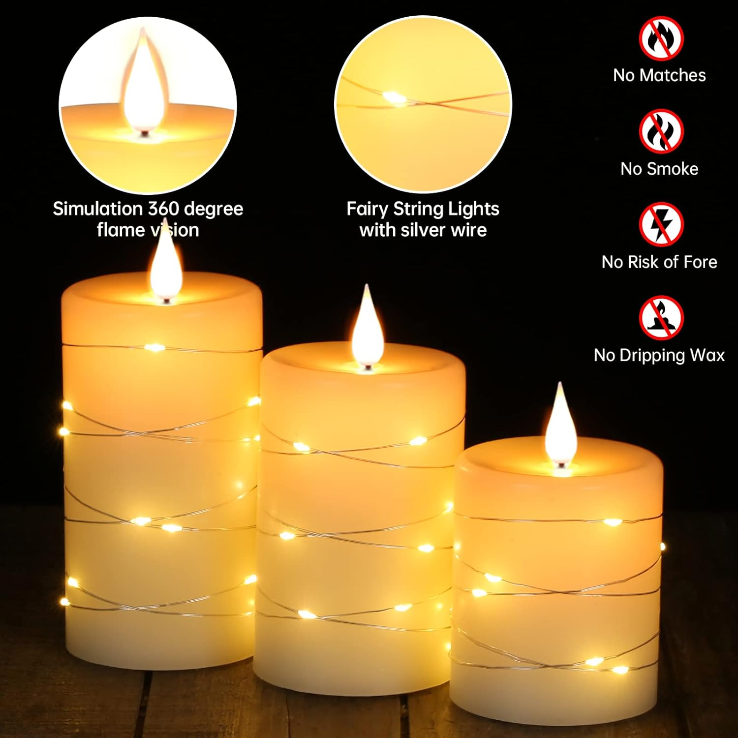 Drei Säulenkerzen mit Lichterketten, die eine Flamme simulieren.