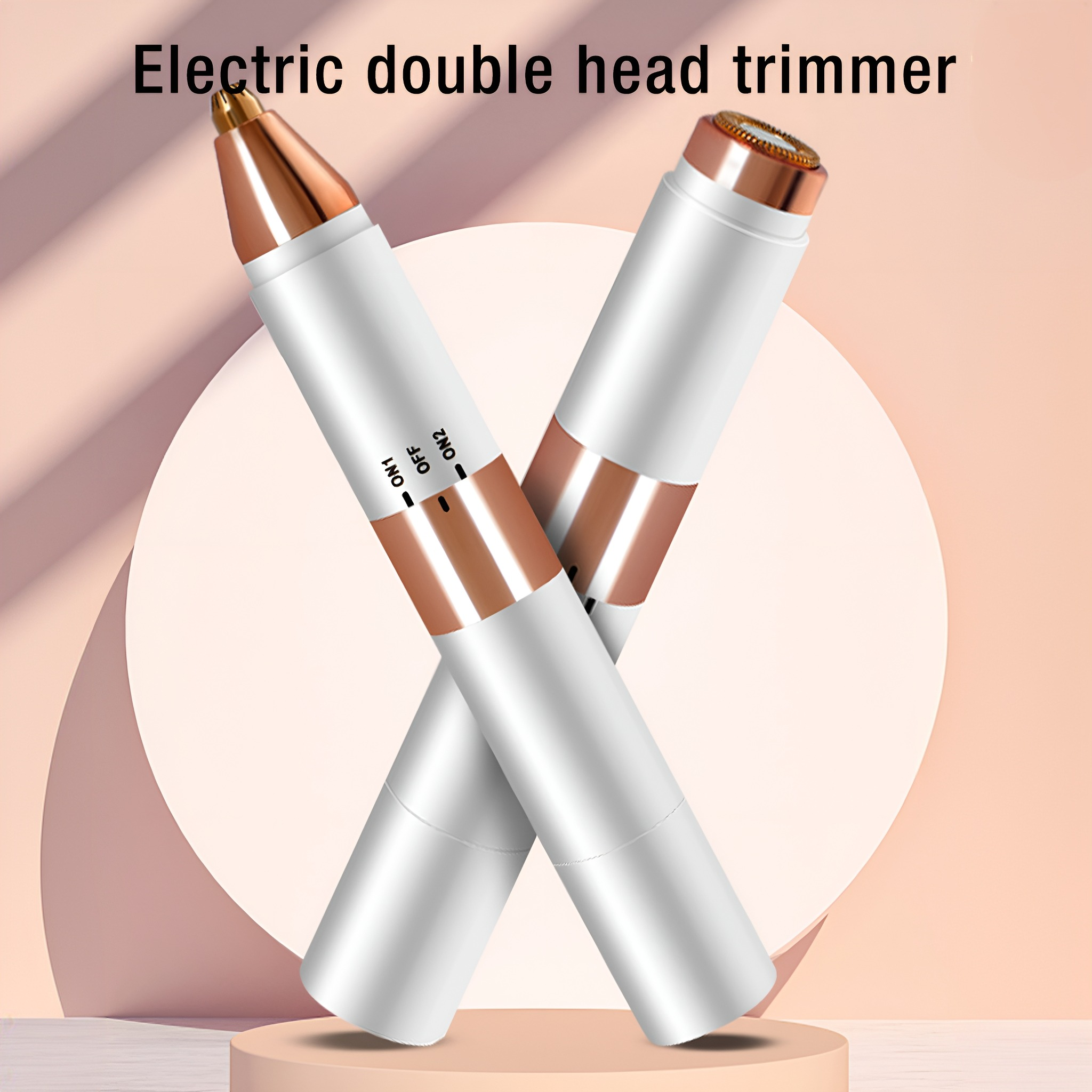 Zwei weiße und roségoldene elektrische Doppelkopftrimmer auf rosa Hintergrund.