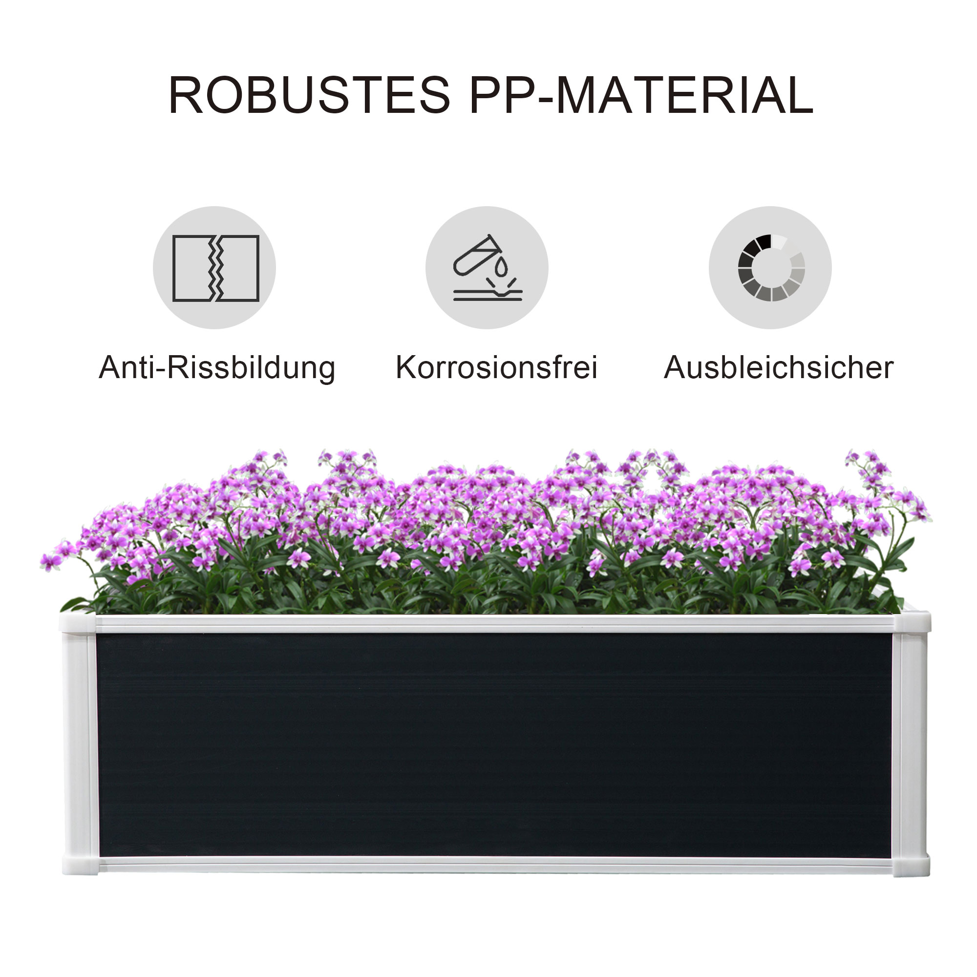 Eine schwarze Pflanzkasten mit rosa Blumen, weißen Akzenten und robustem PP-Material.