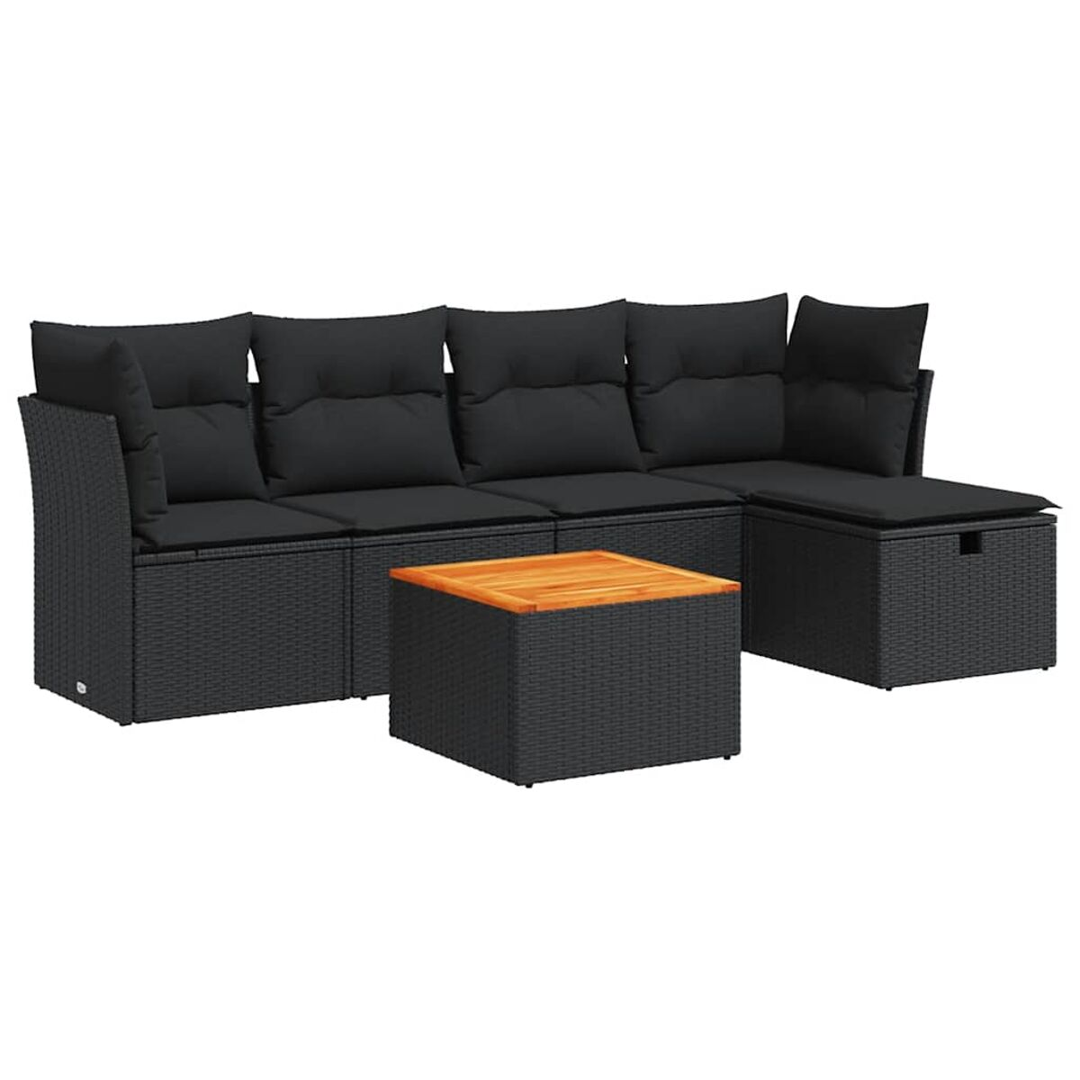 Set divano componibile nero da esterno con cuscini e un tavolo quadrato in legno.