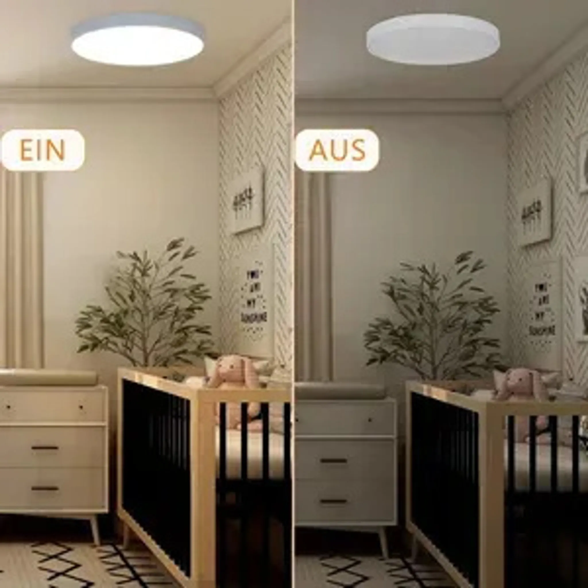Nebeneinanderansicht eines Kinderzimmers mit ein- und ausgeschalteter Deckenleuchte in neutralen Tönen.