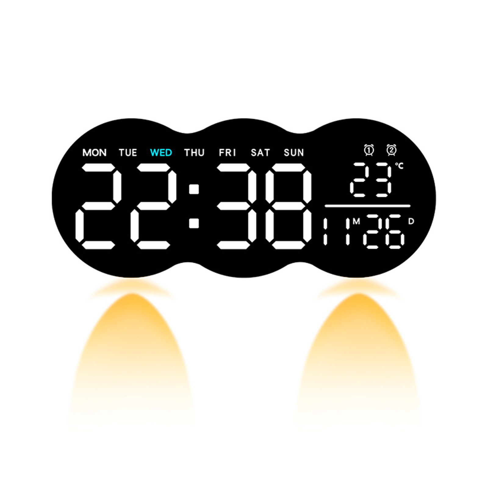 Schwarze Digitaluhr, die Tag, Uhrzeit und Temperatur anzeigt.