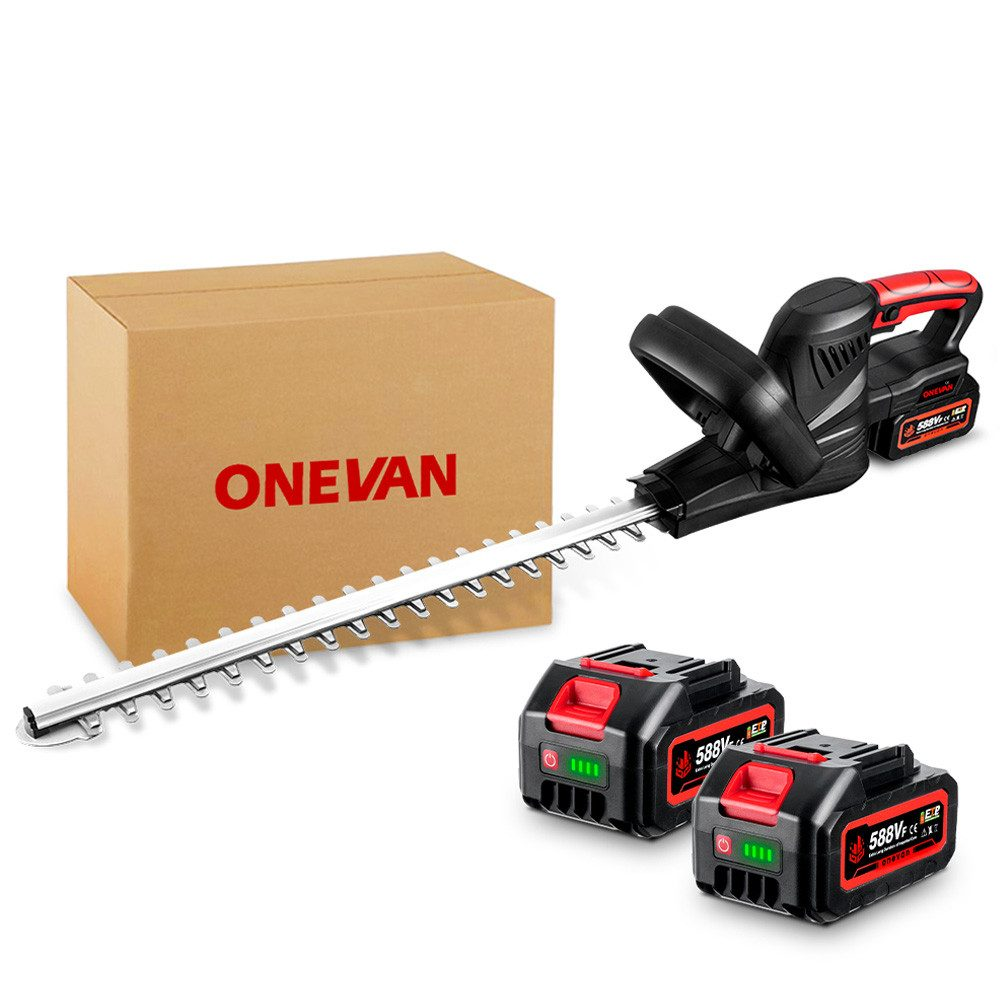 Eine rot-schwarze Heckenschere mit einem Karton mit der Aufschrift 'ONEVAN'.