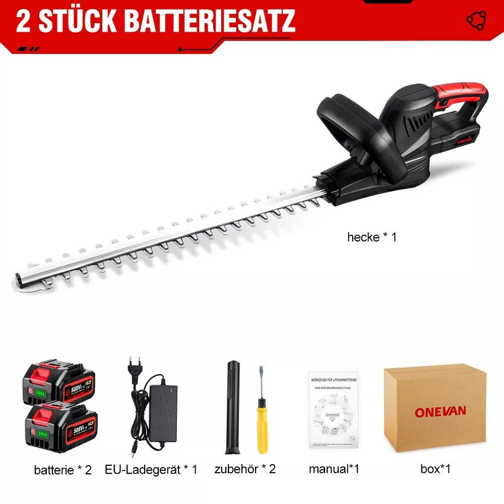 Eine schwarze Heckenschere mit zwei Batterien, einem Ladegerät und Zubehör.