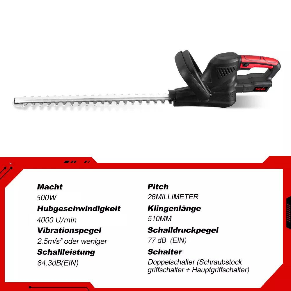 Eine Heckenschere mit Spezifikationen: Leistung, Geschwindigkeit, Vibration, Schall und Klingenlänge. Schwarzes und rotes Design.