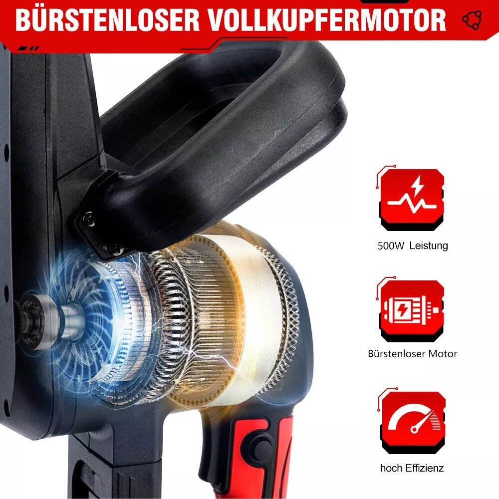 Nahaufnahme eines Elektrowerkzeugmotors. Text auf Deutsch: Bürstenloser Vollkupfermotor.