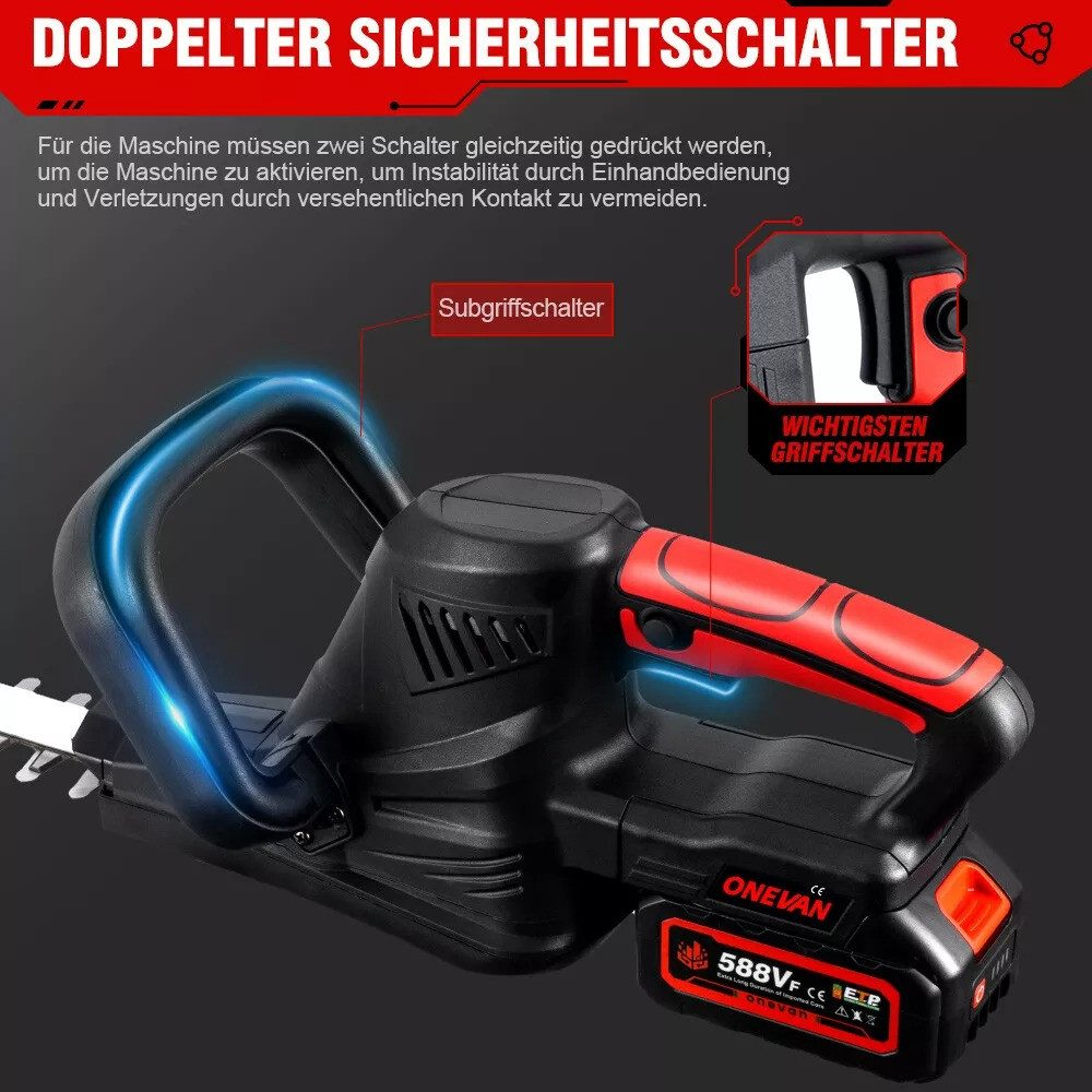 Eine schwarze und rote Heckenschere mit Sicherheitsmerkmalen und Nahaufnahme des Griffs.