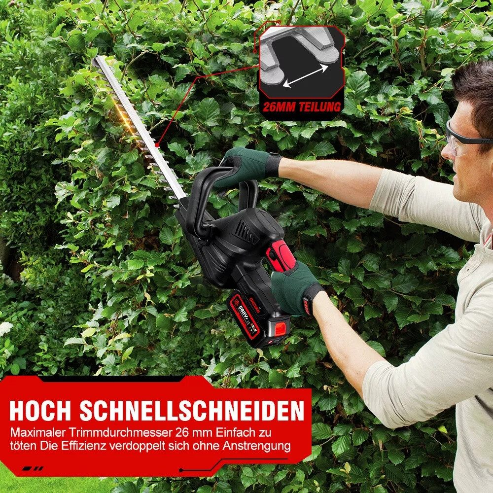 Mann benutzt eine schwarz-rote Heckenschere an einer grünen Hecke. Deutscher Text sichtbar.