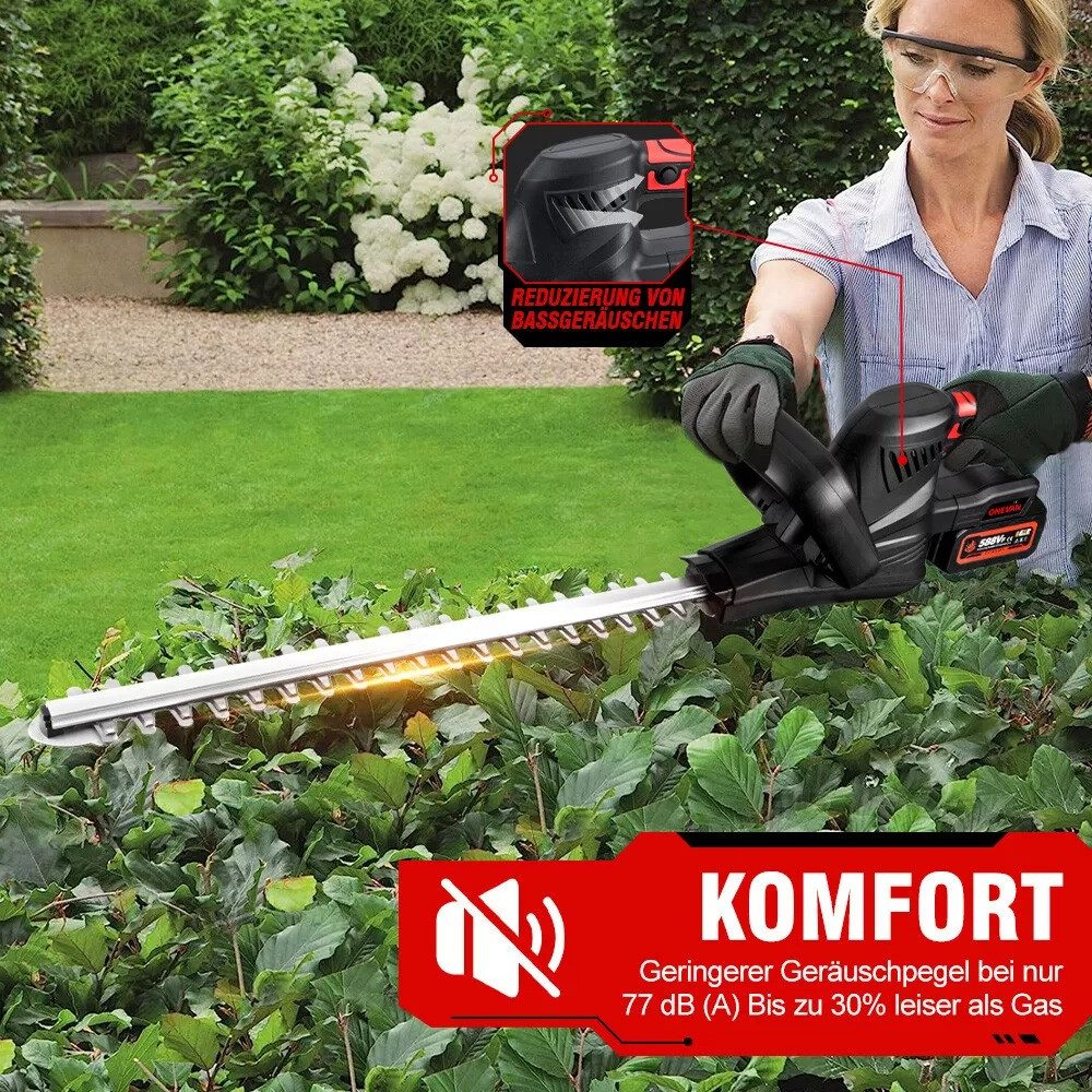 Frau benutzt eine Heckenschere in einem Garten. Grünes Gras und Büsche im Hintergrund. Schutzbrille.