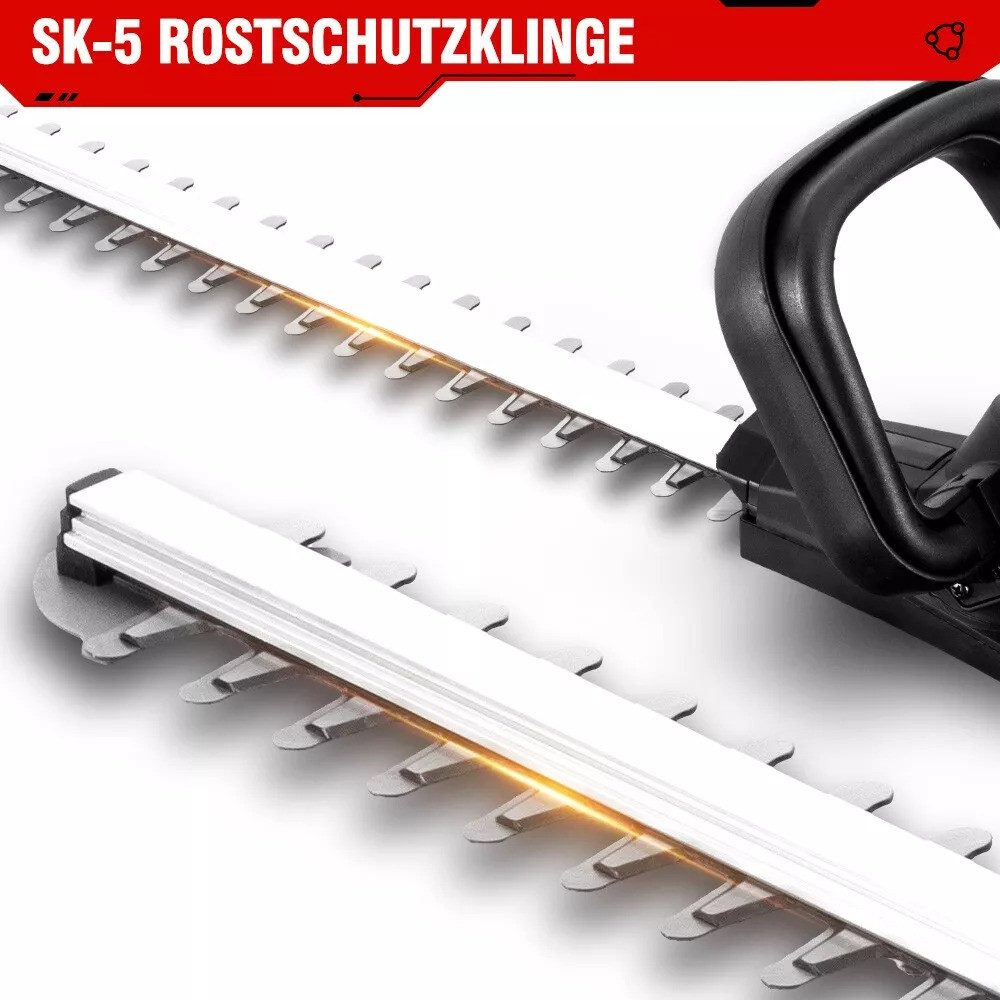 Zwei Heckenscheren-Klingen. Die Klingen sind silberfarben, mit schwarzem Griff.