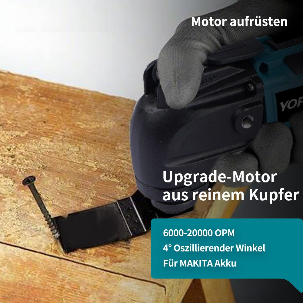 Una persona usando una multiherramienta en madera. El texto destaca "Upgrade-Motor" y "6000-20000 OPM".