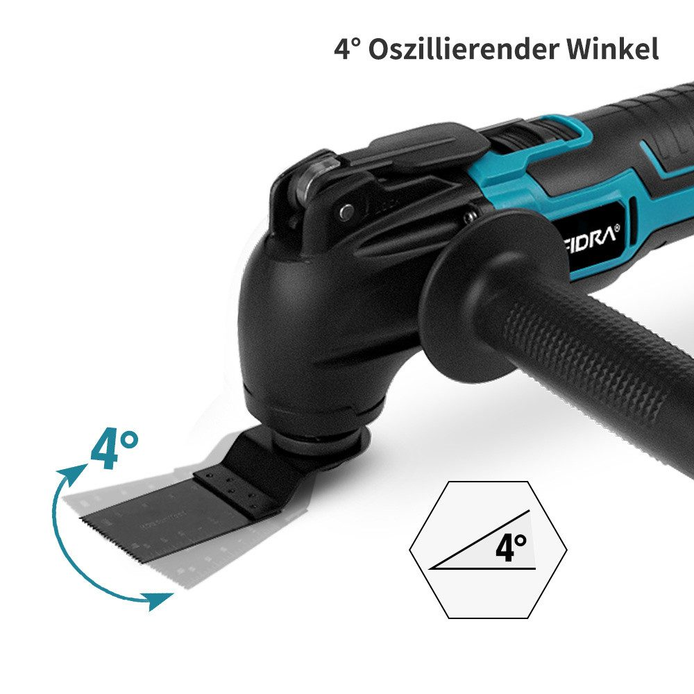 Una multiherramienta oscilante con cuerpo negro y acento azul, con una cuchilla en ángulo de 4 grados.