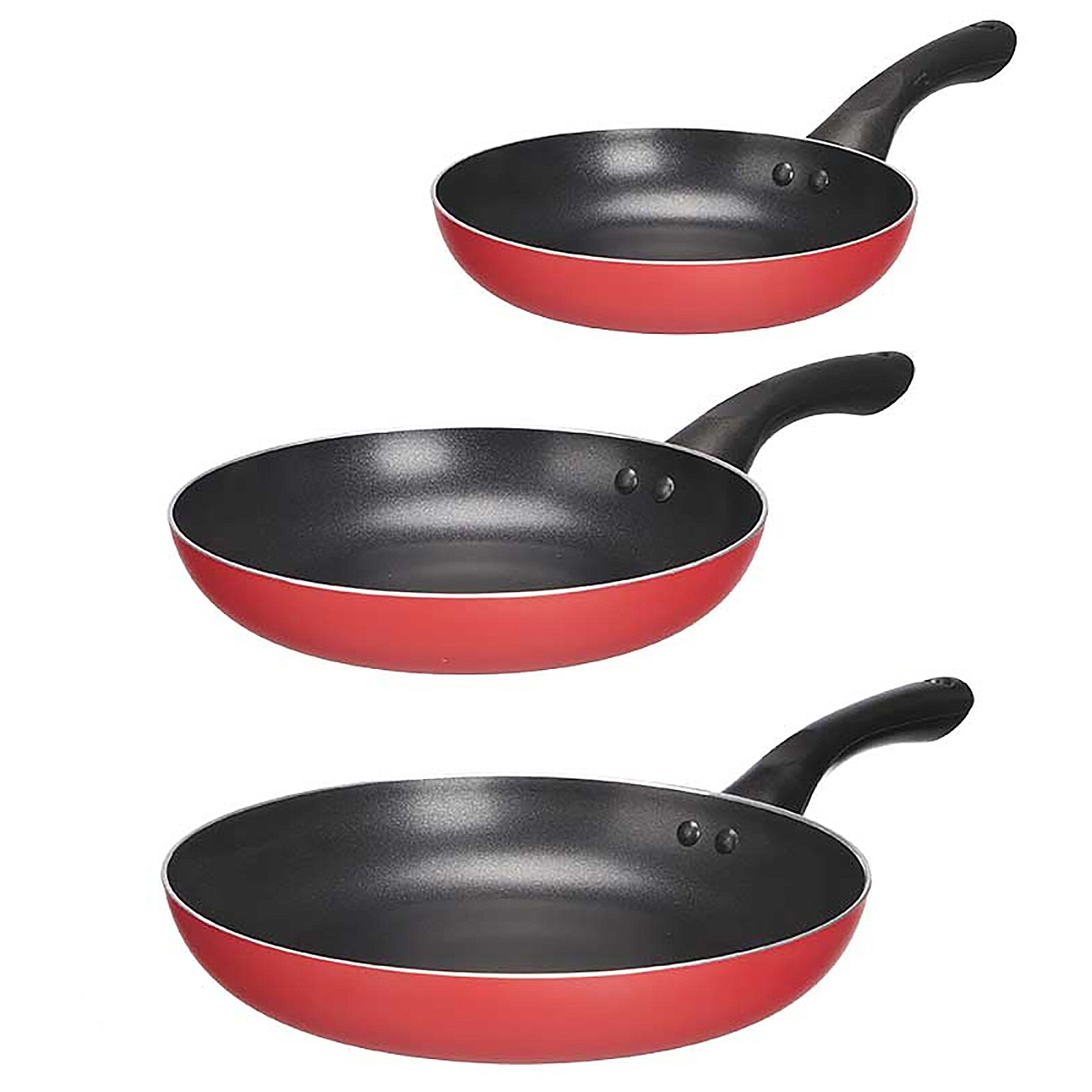 Tre padelle rosse con manici neri.