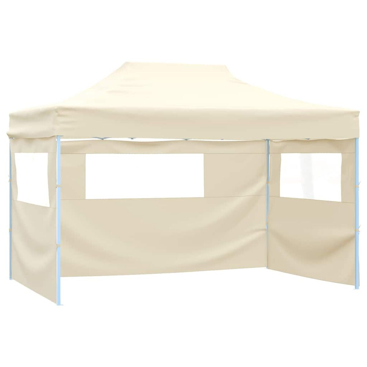 Beiges Pop-up-Zelt mit offenen Fenstern. Es hat eine rechteckige Form und einen weißen Hintergrund.
